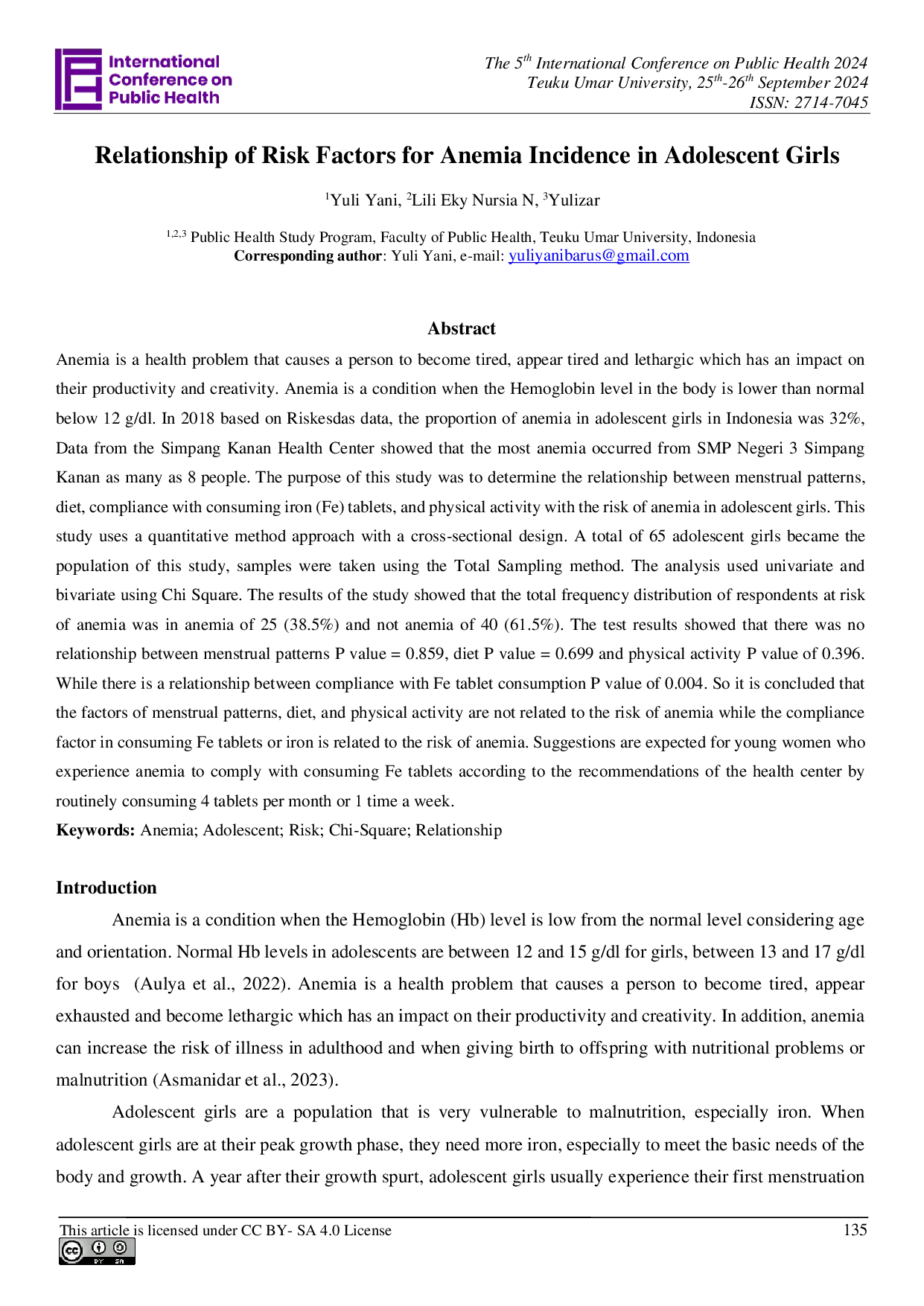 JURIS Relationship of Risk Factors for Anemia Incidence in Adolescent Girls