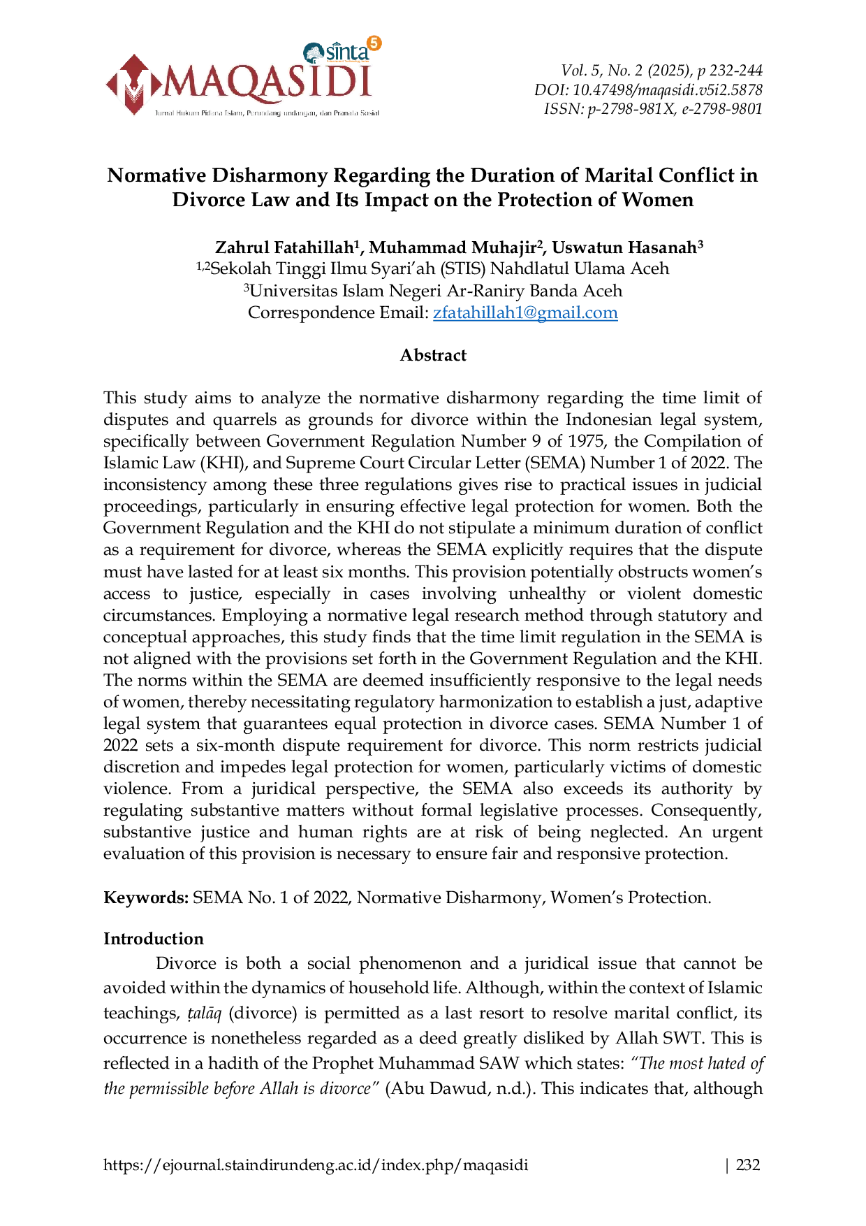 JURIS Normative Disharmony Regarding the Duration of Marital Conflict in Divorce Law and Its Impact on the Protection of Women