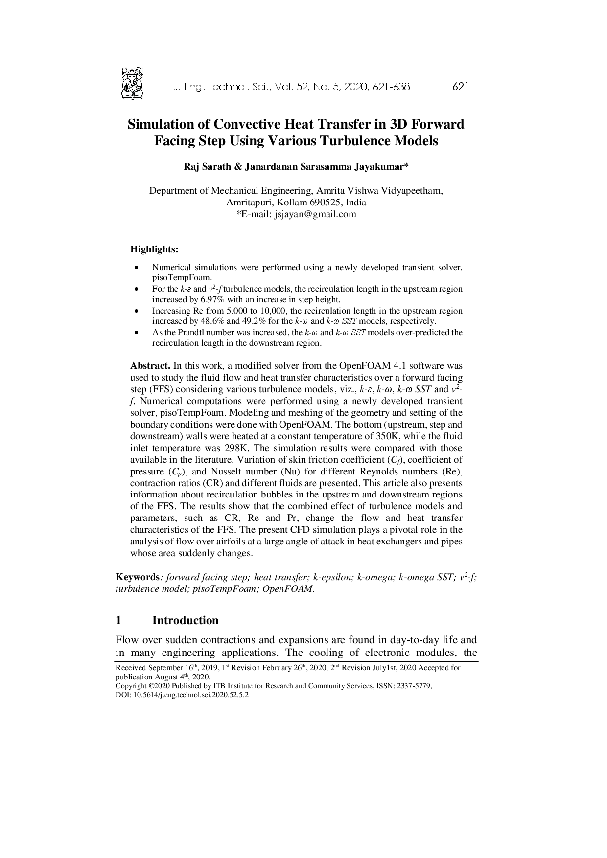 juris Simulation of Convective Heat Transfer in 3D Forward Facing Step Using Various Turbulence Models