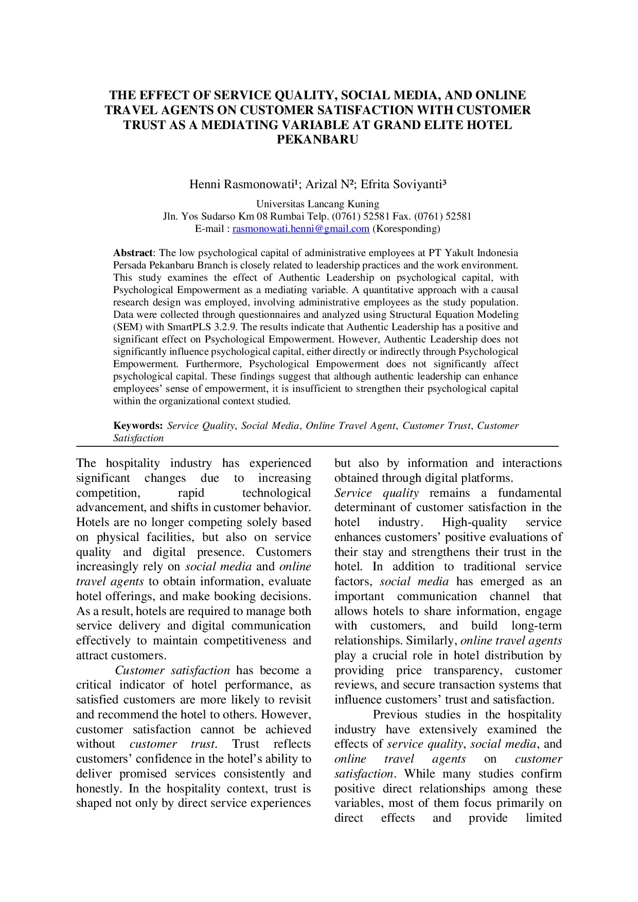 JURIS The Effect of Service Quality Social Media and Online Travel Agents on Customer Satisfaction with Customer Trust as a Mediating Variable at Grand Elite Hotel Pekanbaru