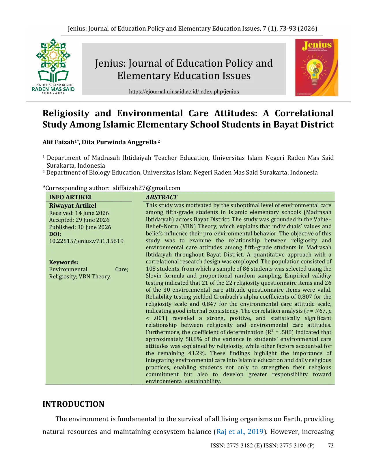 JURIS Religiosity and Environmental Care Attitudes A Correlational Study Among Islamic Elementary School Students in Bayat District