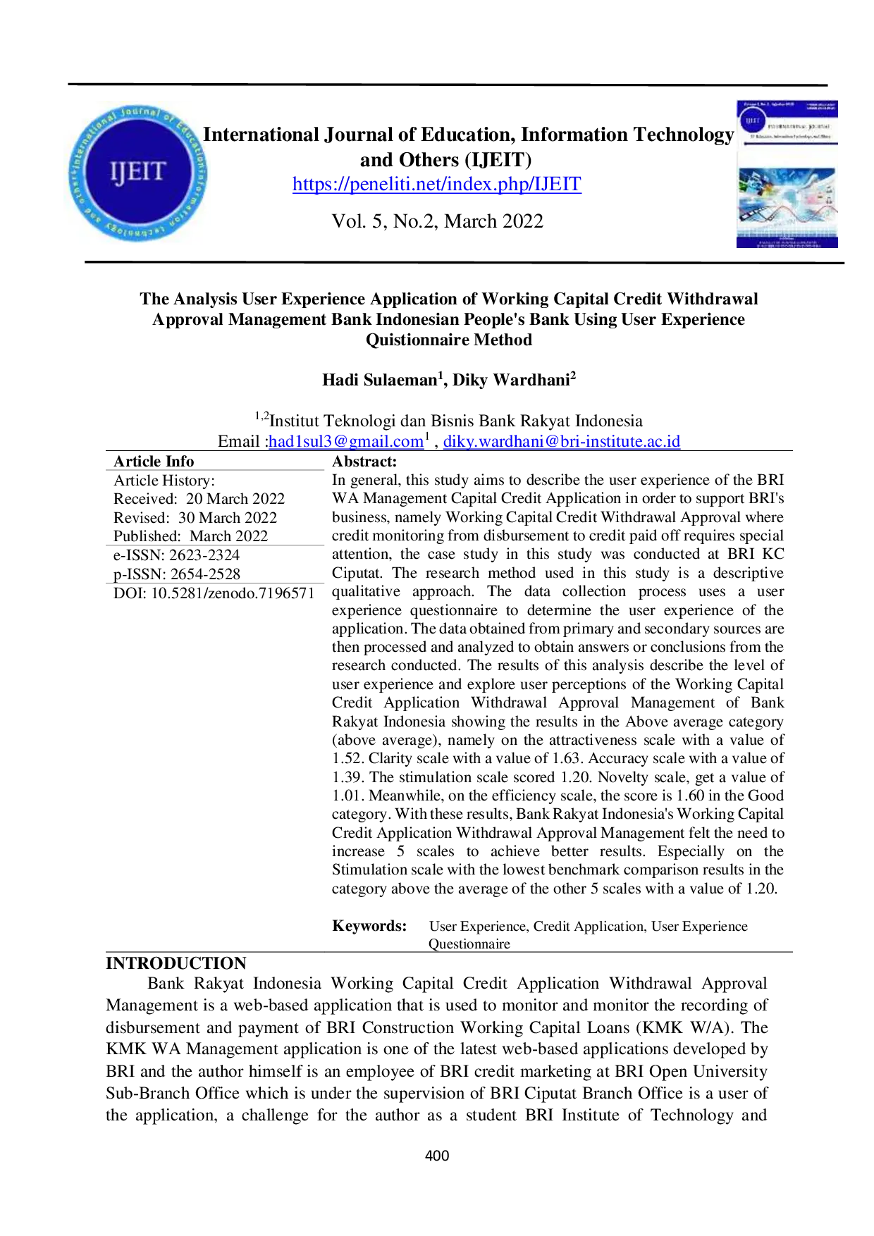 JURIS The Analysis User Experience Application Of Working Capital Credit Withdrawal Approval Management Bank Indonesian People s Bank Using User Experience Quistionnaire Method