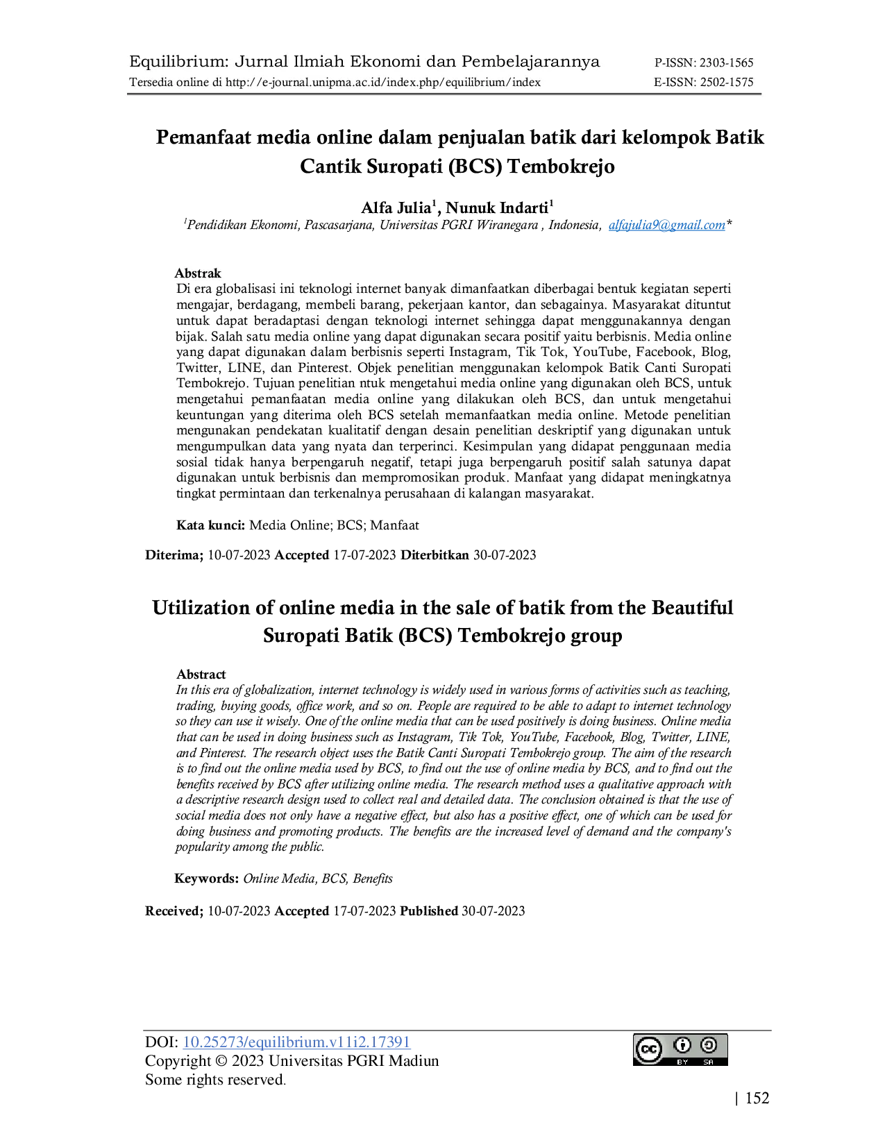 JURIS Pemanfaat media online dalam penjualan batik dari kelompok Batik Cantik Suropati BCS Tembokrejo