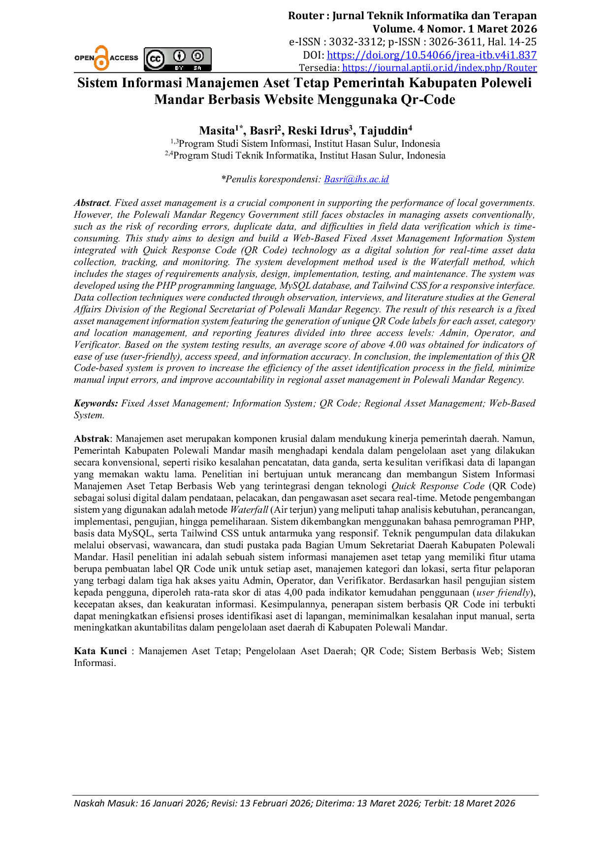 JURIS Sistem Informasi Manajemen Aset Tetap Pemerintah Kabupaten Poleweli Mandar Berbasis Website Menggunaka Qr Code