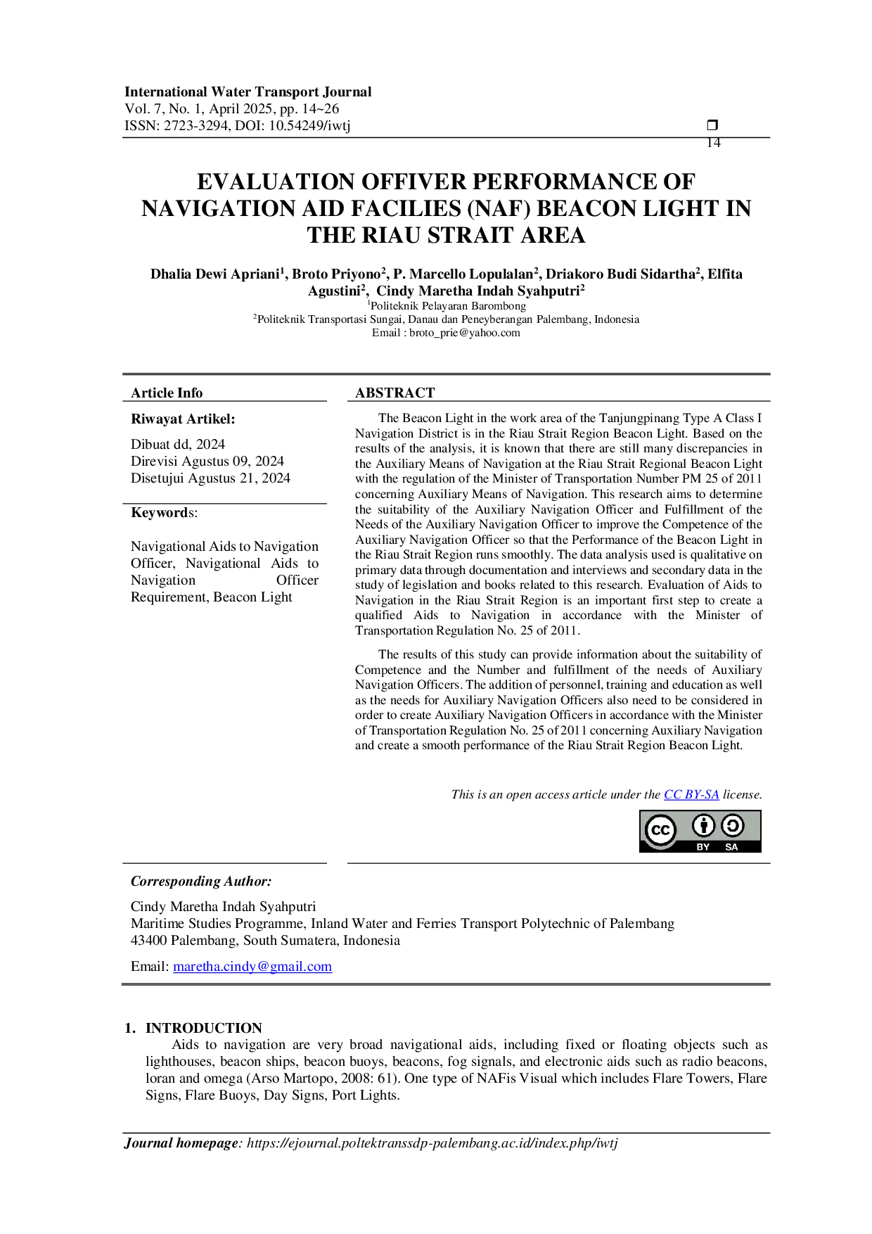 JURIS Evaluation of Officer Performance of Navigation Aid Facilities NAF Beacon Light in the Riau Strait Area