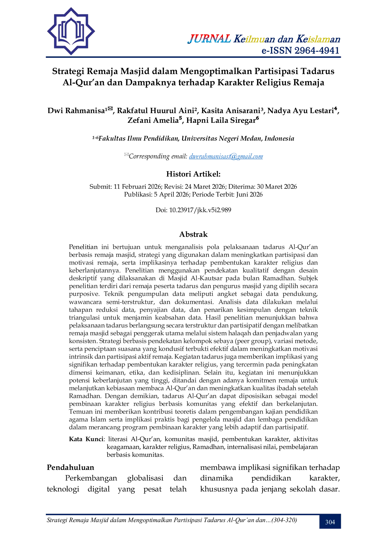 JURIS Strategi Remaja Masjid dalam Mengoptimalkan Partisipasi Tadarus Al Qur an dan Dampaknya terhadap Karakter Religius Remaja