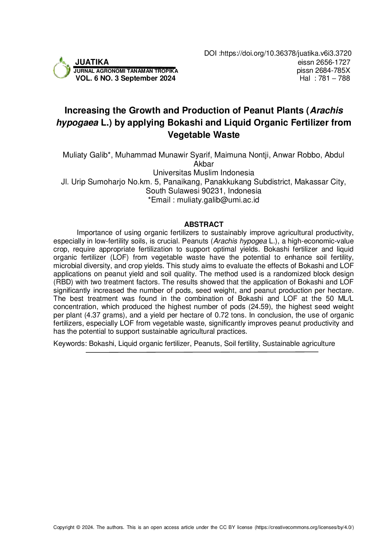 JURIS Increasing the Growth and Production of Peanut Plants Arachis hypogaea L by applying Bokashi and Liquid Organic Fertilizer from Vegetable Waste