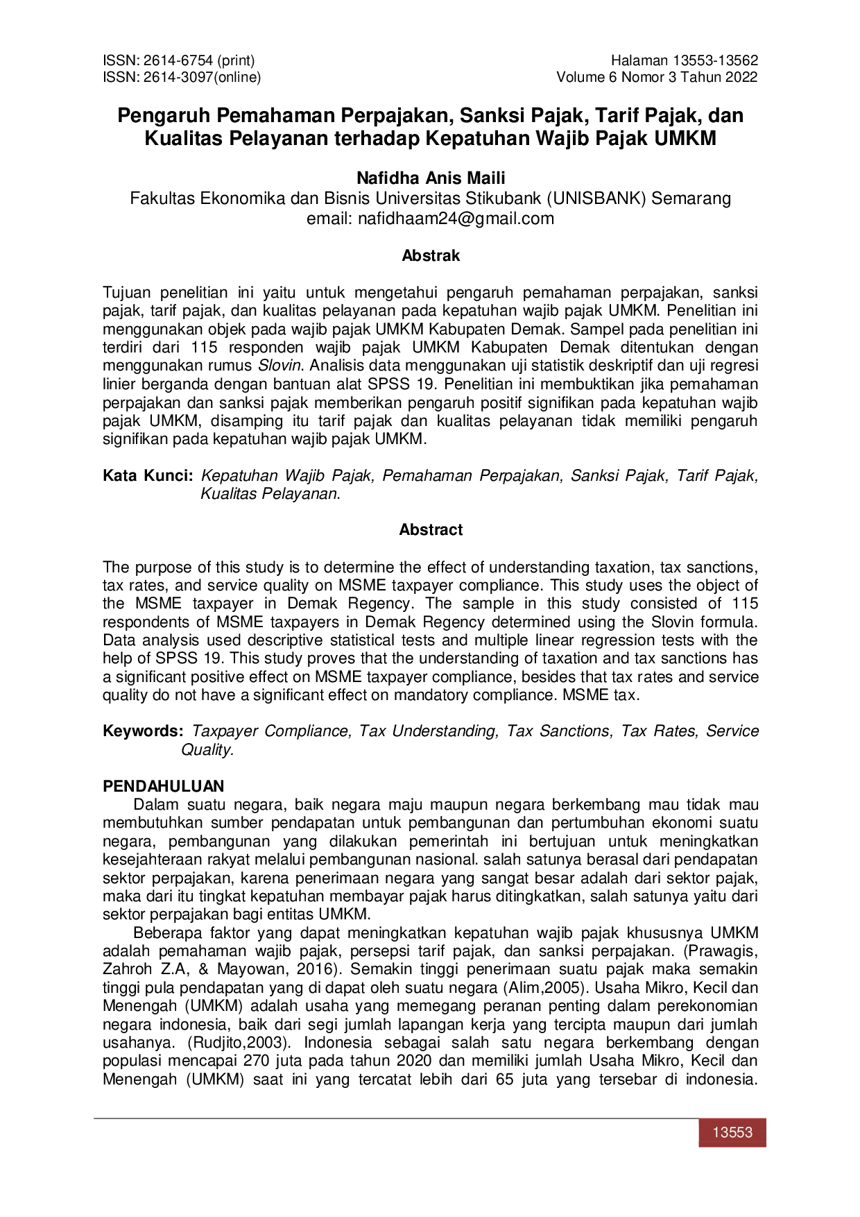 JURIS Pengaruh Pemahaman Perpajakan Sanksi Pajak Tarif Pajak dan Kualitas Pelayanan terhadap Kepatuhan Wajib Pajak UMKM