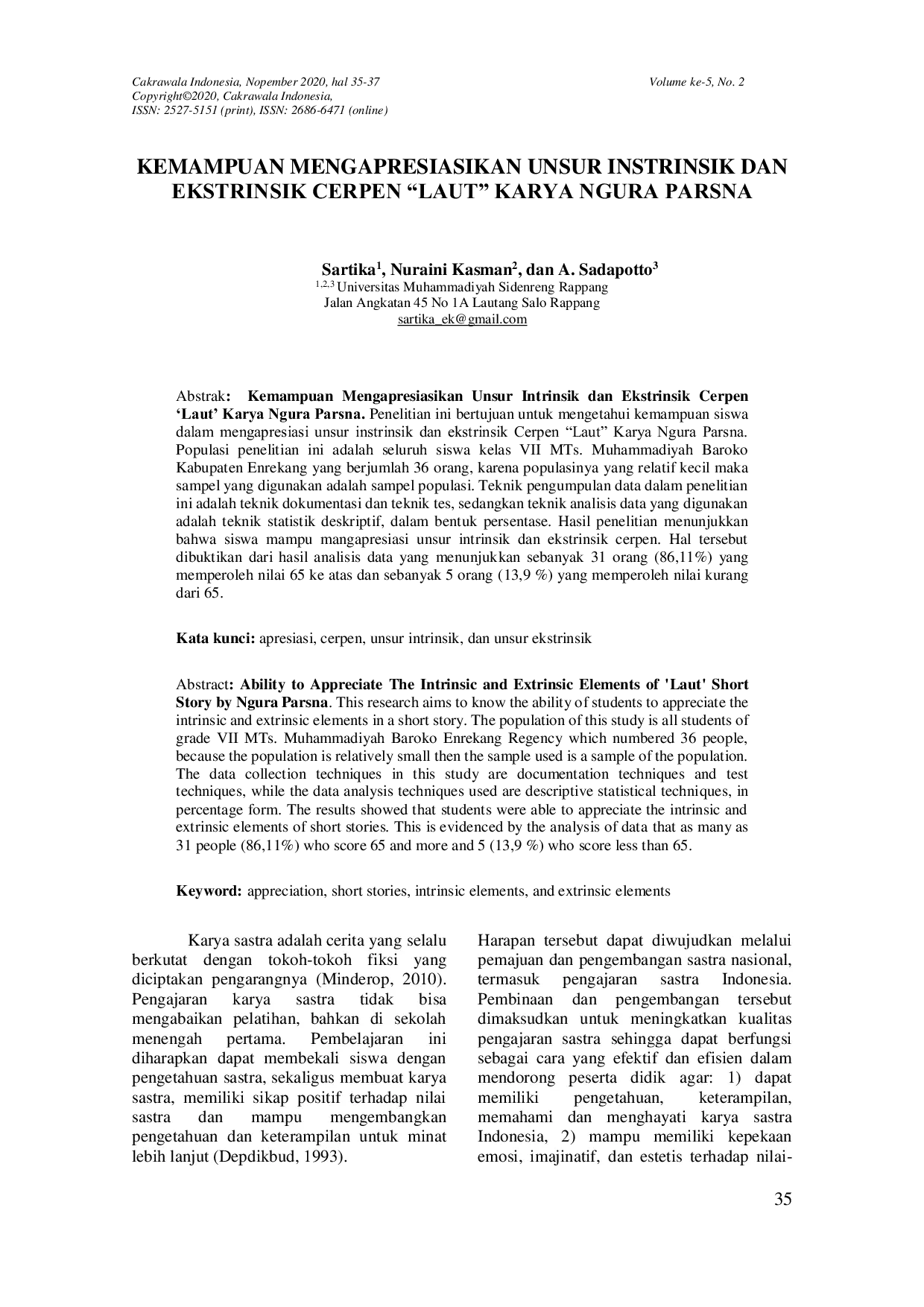 JURIS Kemampuan Mengapresiasikan Unsur Intrinsik Dan Ekstrinsik Cerpen Laut Karya Ngura Parsna