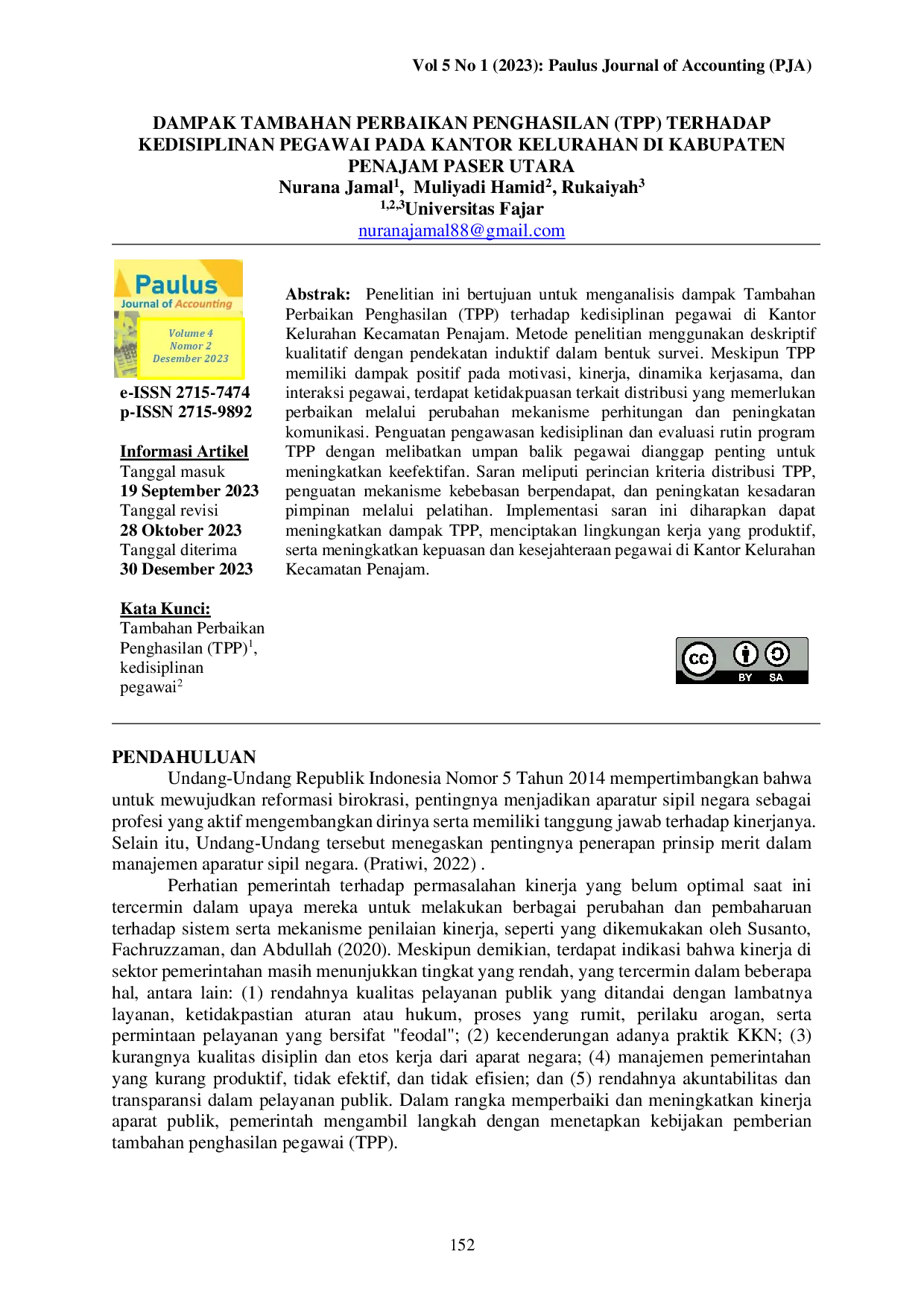 juris Dampak Tambahan Perbaikan Penghasilan TPP Terhadap Kedisiplinan Pegawai Pada Kantor Kelurahan Di Kabupaten Penajam Paser Utara