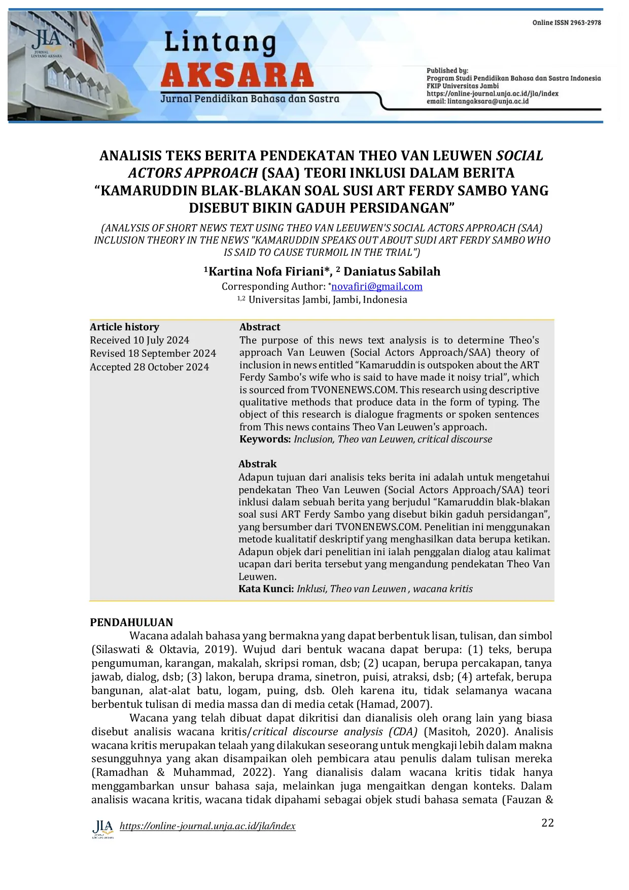 JURIS Analisis Teks Berita Pendekatan Theo Van Leeuwen Social Actors Approach SAA Teori Inklusi Dalam Berita Kamaruddin Blak Blakan Soal Susi Art Ferdy Sambo Yang Disebut Bikin Gaduh Persidangan