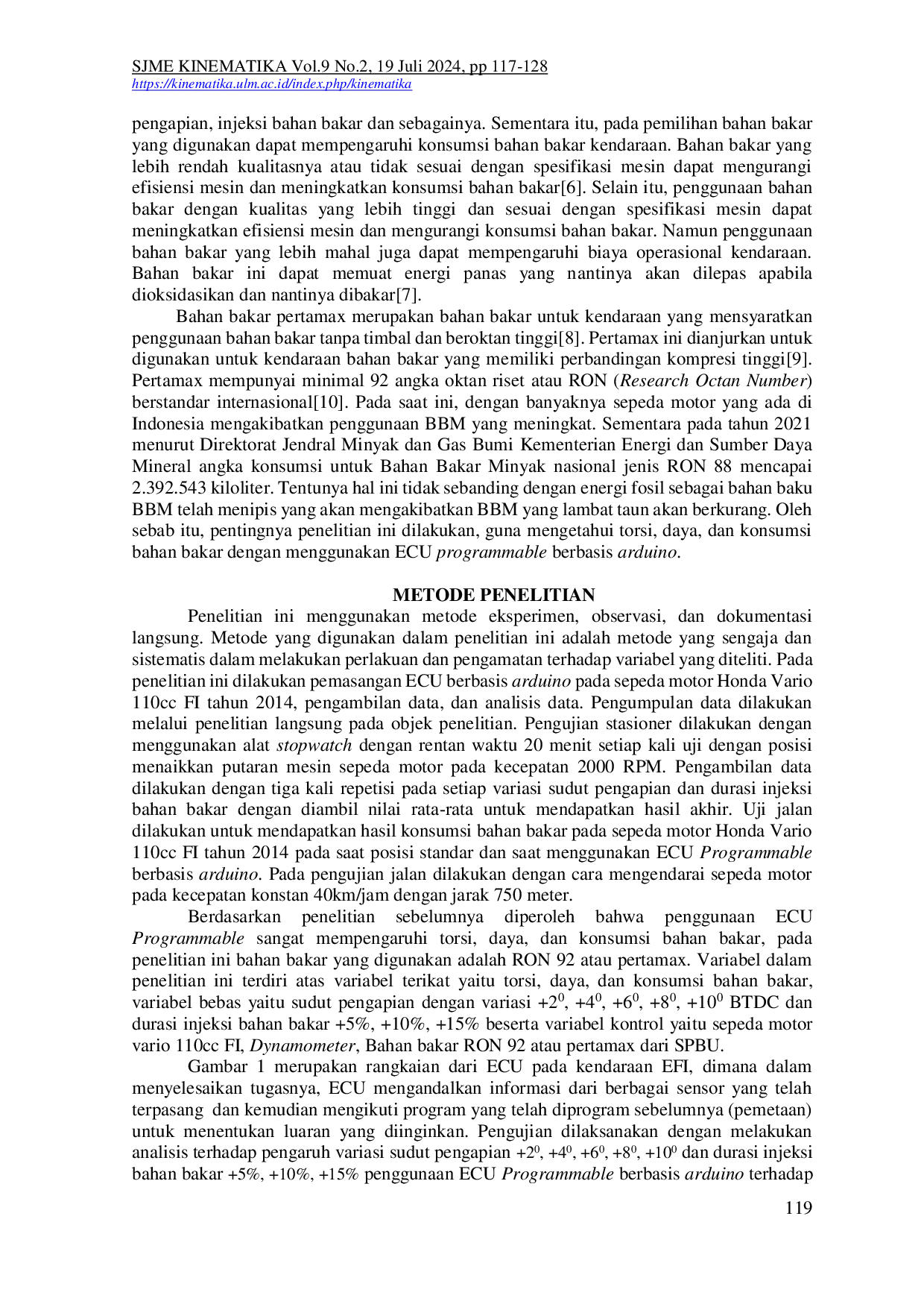 JURIS Pengaruh Sudut Pengapian Dan Durasi Injeksi Penggunaan Ecu Berbasis Arduino Terhadap Performa Motor 110cc Fi