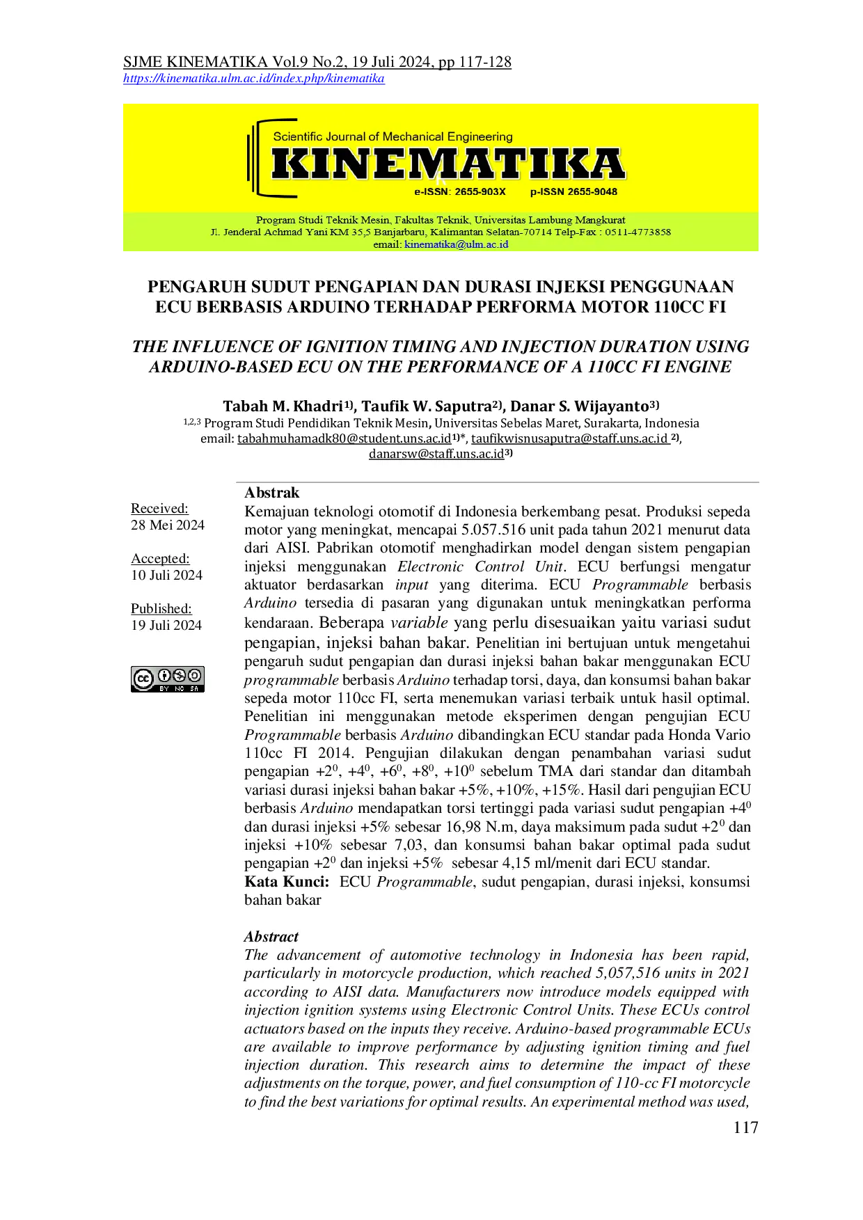 JURIS Pengaruh Sudut Pengapian Dan Durasi Injeksi Penggunaan Ecu Berbasis Arduino Terhadap Performa Motor 110cc Fi