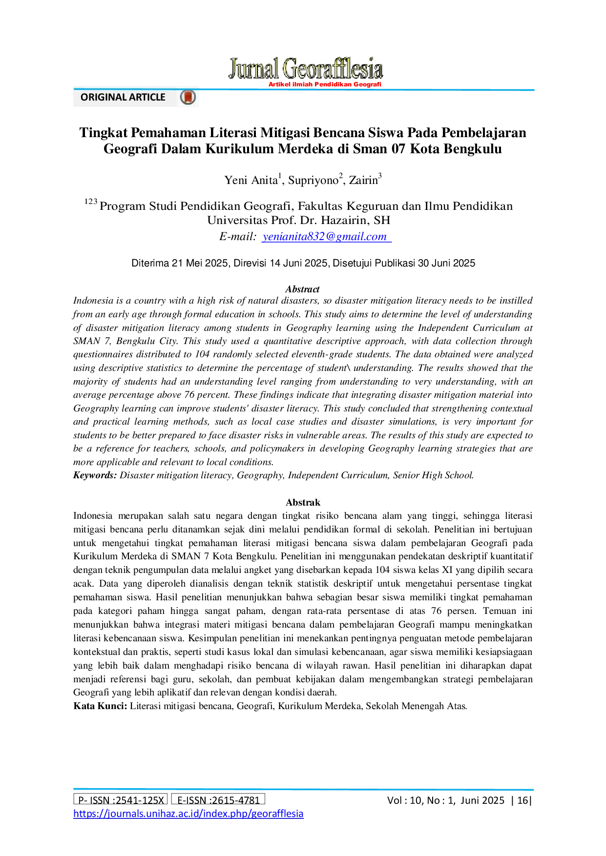JURIS Tingkat Pemahaman Literasi Mitigasi Bencana Siswa Pada Pembelajaran Geografi Dalam Kurikulum Merdeka di Sman 07 Kota Bengkulu