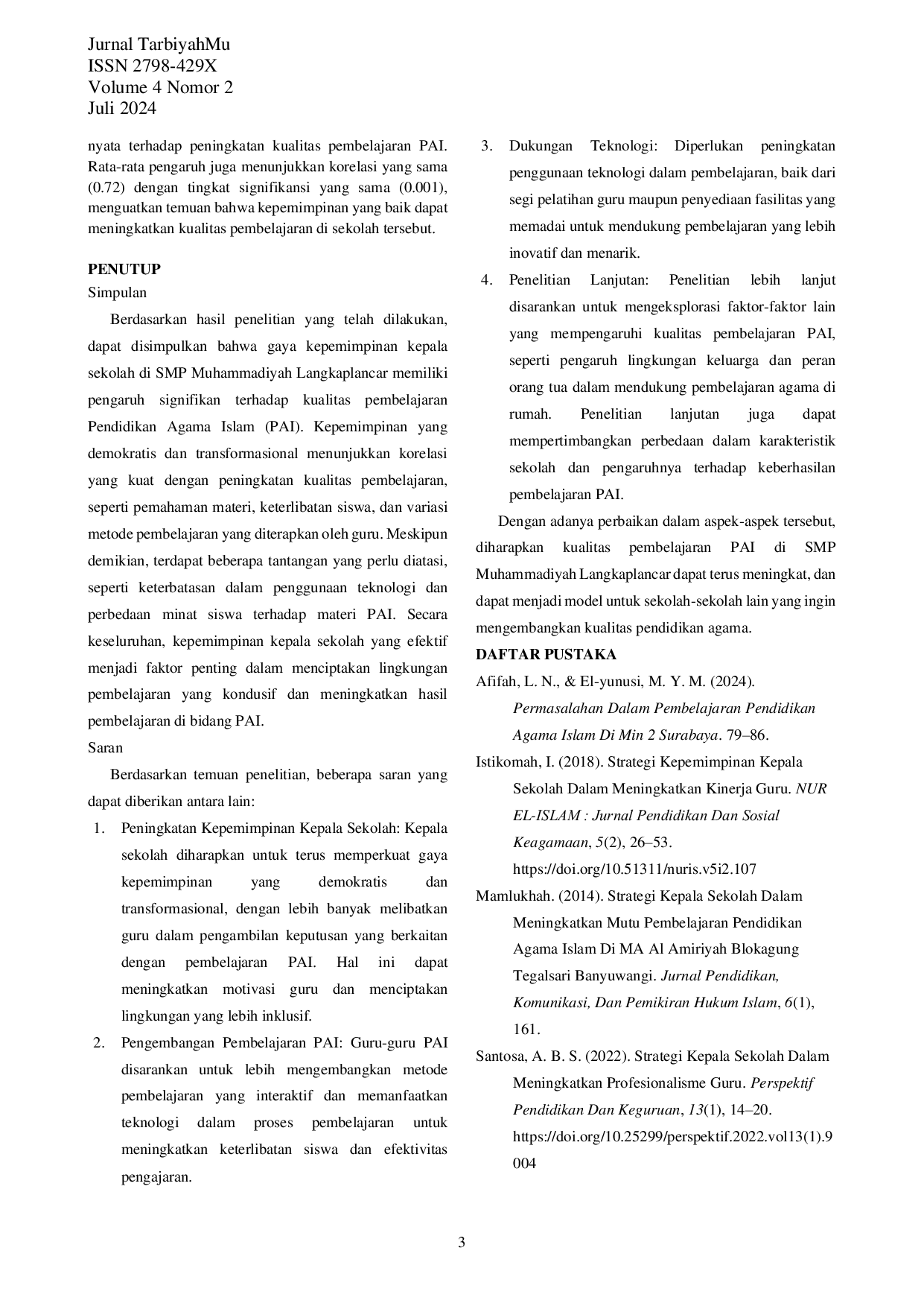 JURIS Pengaruh Kepemimpinan Kepala Sekolah terhadap Peningkatan Kualitas Pembelajaran PAI di SMP Muhammadiyah Langkaplancar Kota Banjar