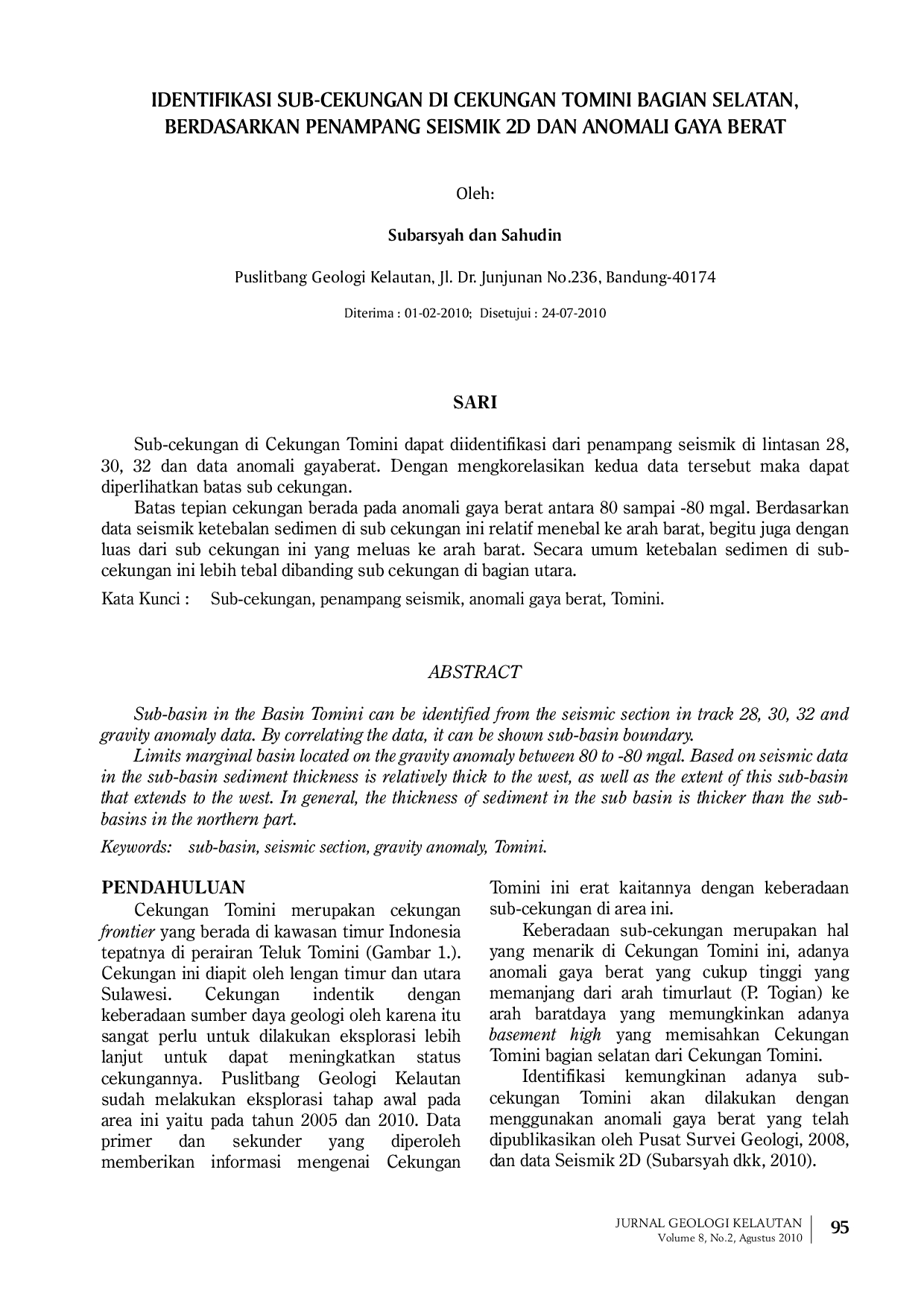 JURIS Identifikasi Sub Cekungan Di Cekungan Tomini Bagian Selatan Berdasarkan Penampang Seismik 2D Dan Anomali Gaya Berat