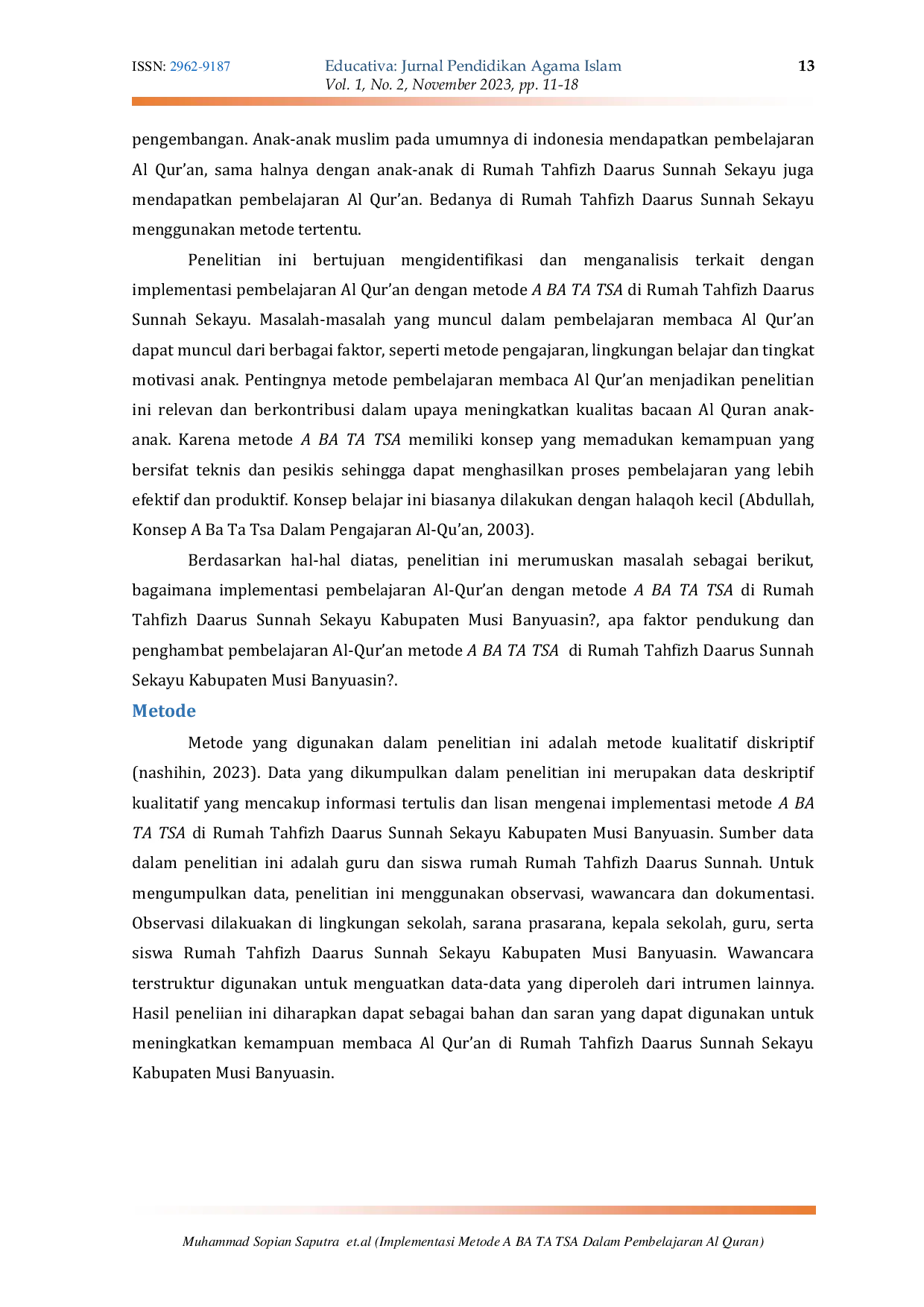 JURIS Implementasi Metode A BA TA TSA Dalam Pembelajaran Al Quran Studi Kasus di Rumah Tahfizh Daarus Sunnah Sekayu Kabupaten Musi Banyiasin