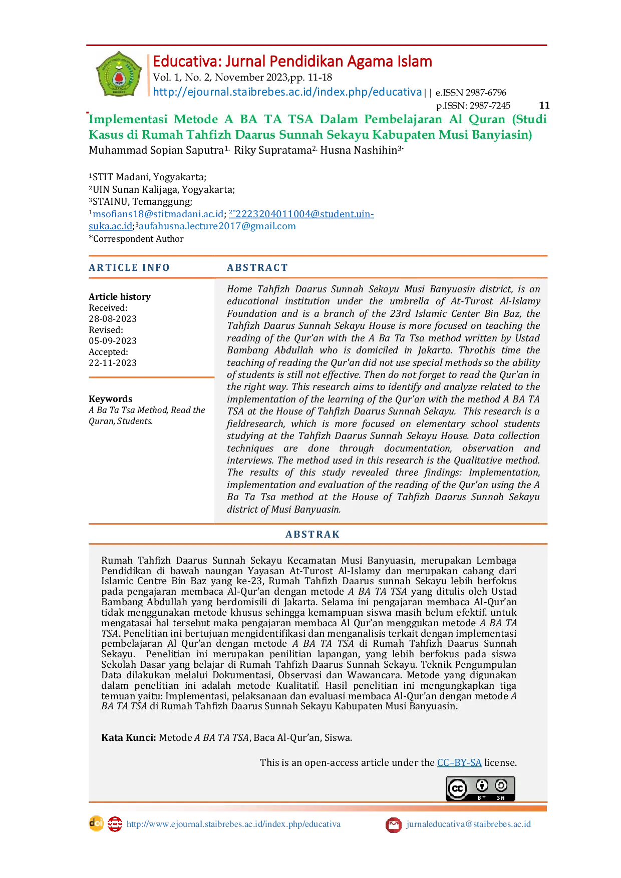 JURIS Implementasi Metode A BA TA TSA Dalam Pembelajaran Al Quran Studi Kasus di Rumah Tahfizh Daarus Sunnah Sekayu Kabupaten Musi Banyiasin