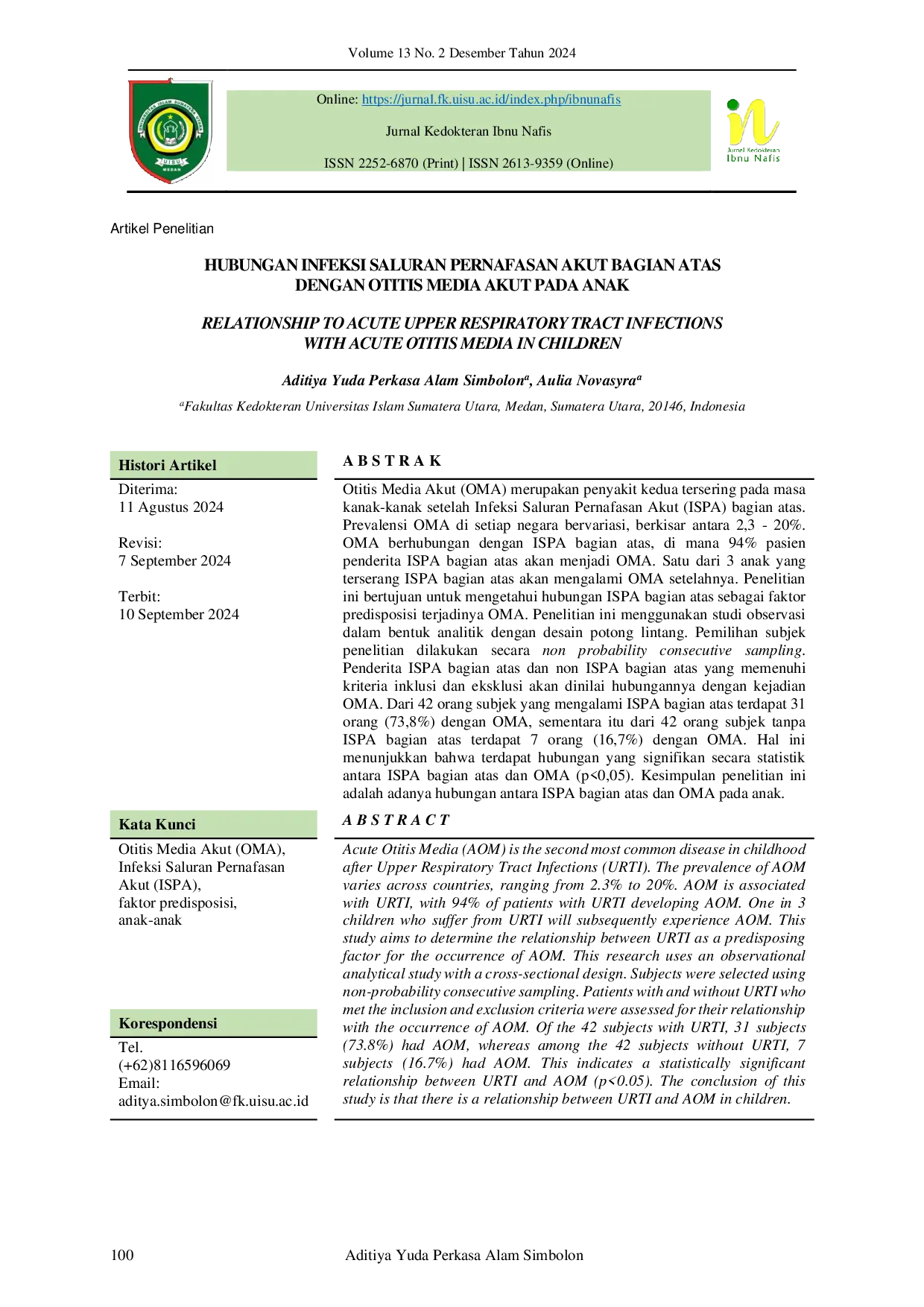 JURIS Hubungan Infeksi Saluran Pernafasan Akut Bagian Atas Dengan Otitis Media Akut Pada Anak