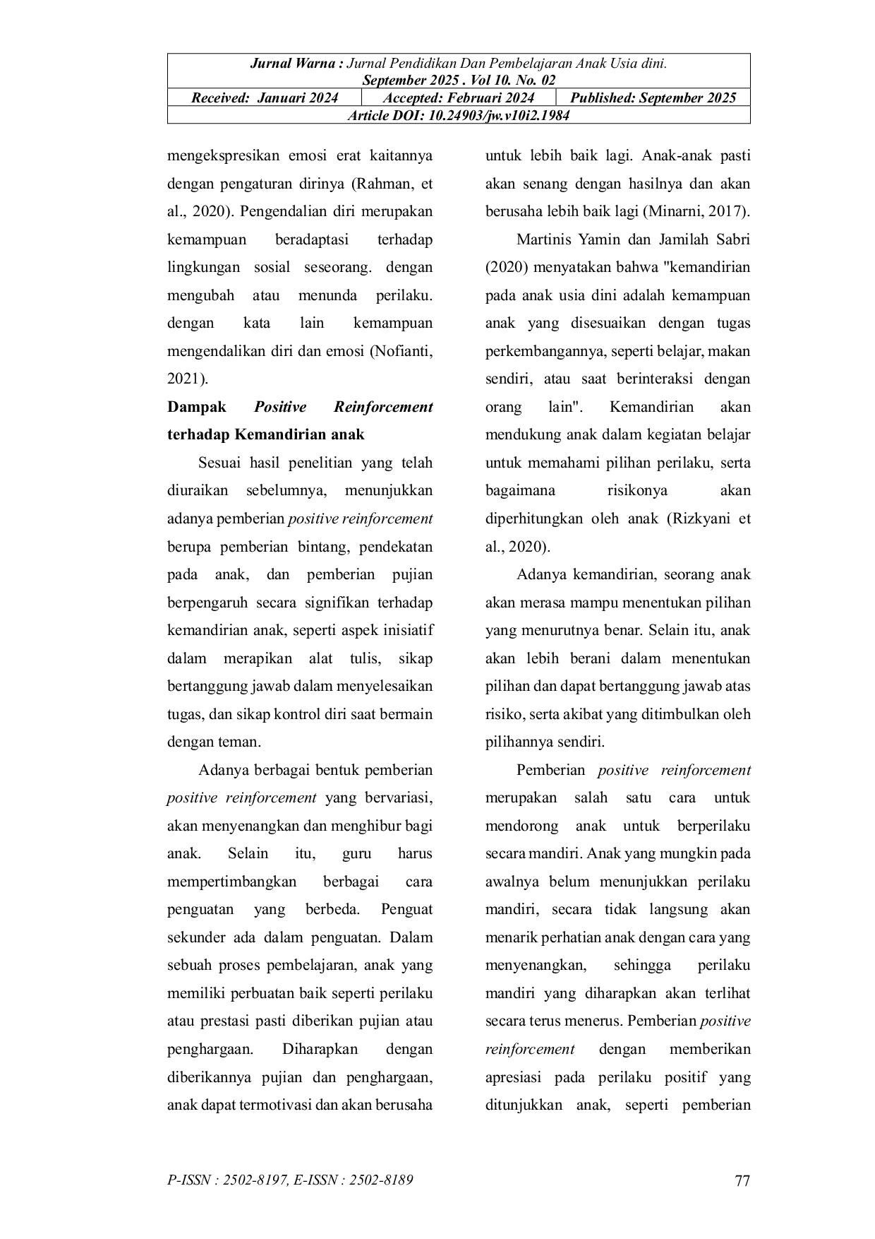 JURIS Dampak Positive Reinforcement Terhadap Kemandirian Anak