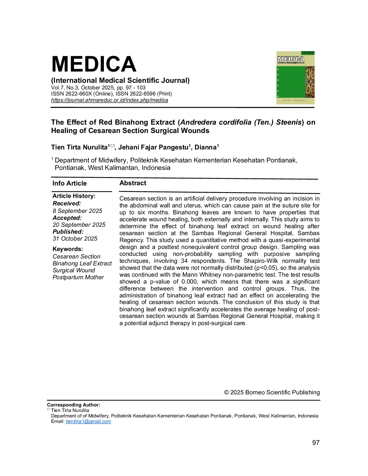 JURIS The Effect of Red Binahong Extract Andredera cordifolia Ten Steenis on Healing of Cesarean Section Surgical Wounds