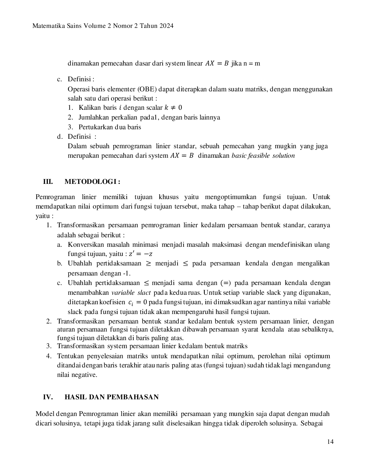 JURIS Aplikasi Aljabar Linier Pada Pemrograman Linier