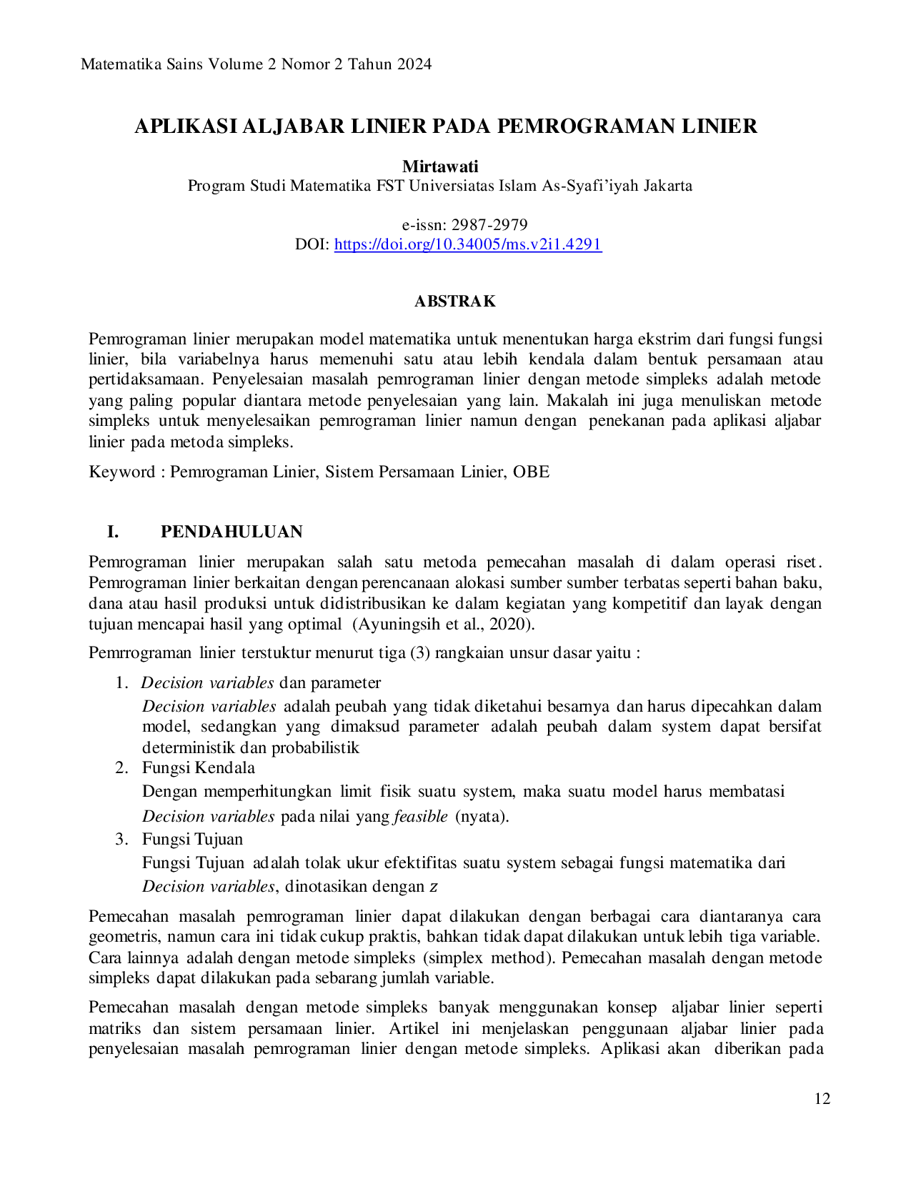 JURIS Aplikasi Aljabar Linier Pada Pemrograman Linier