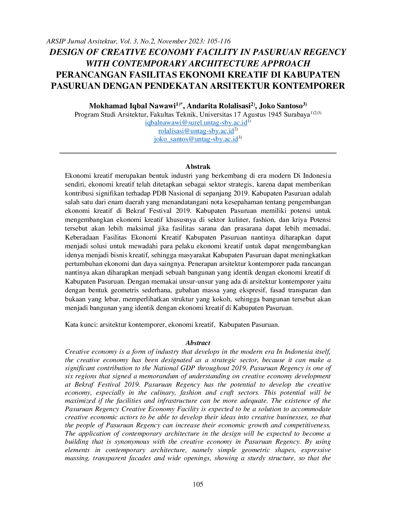 juris Perancangan Fasilitas Ekonomi Kreatif Di Kabupaten Pasuruan Dengan Pendekatan Arsitektur Kontemporer