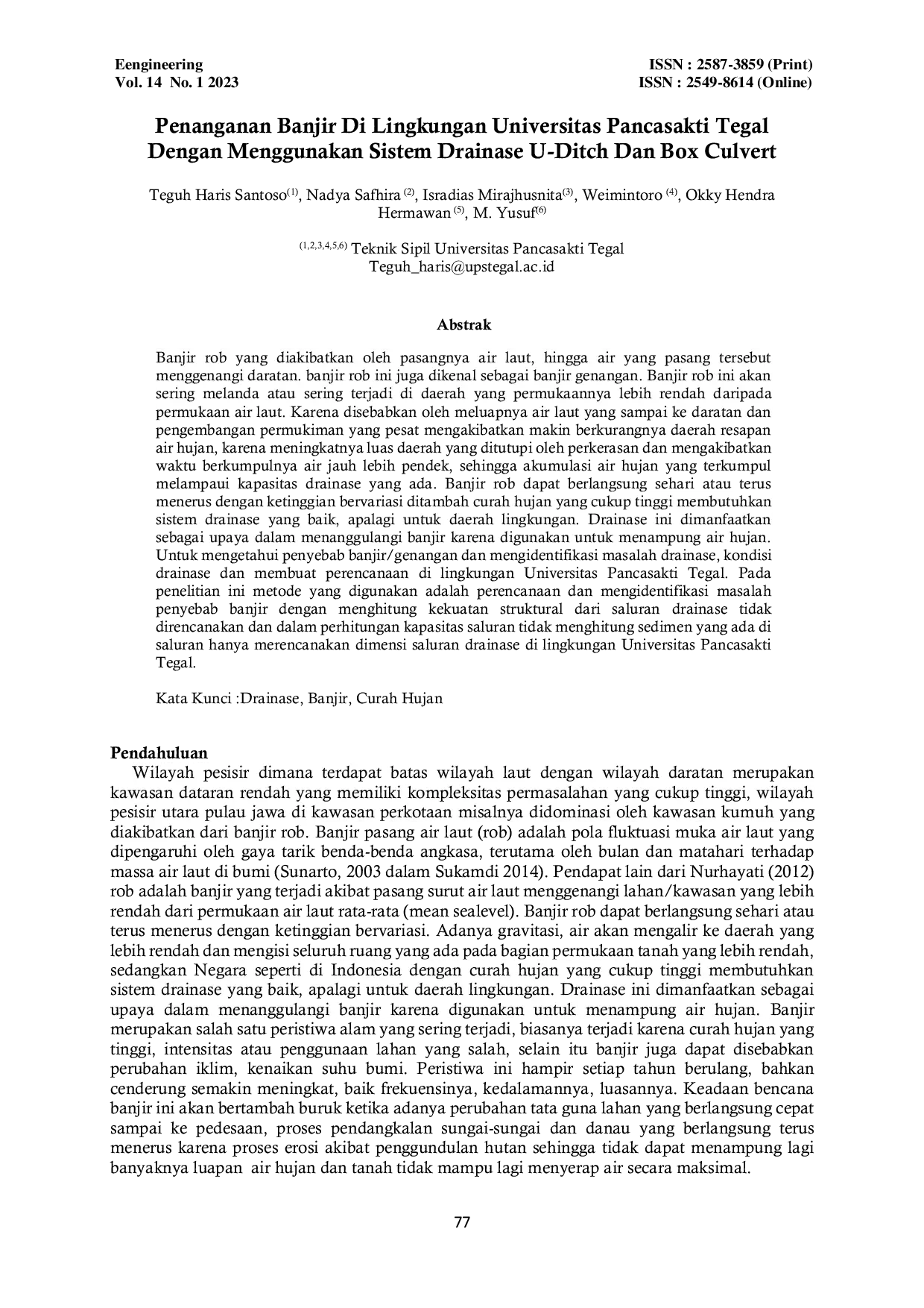 JURIS Penanganan Banjir Di Lingkungan Universitas Pancasakti Tegal Dengan Menggunakan Sistem Drainase U Ditch Dan Box Culvert