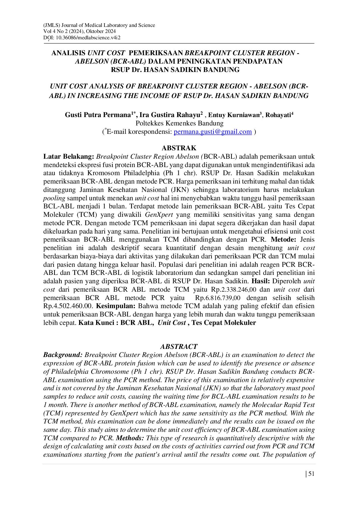 JURIS Analisis Unit Cost Pemeriksaan Breakpoint Cluster Region Abelson Bcr Abl Dalam Peningkatan Pendapatan Rsup Dr Hasan Sadikin Bandung