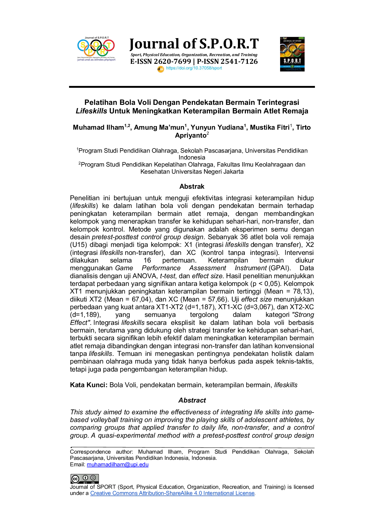 JURIS Pelatihan bola voli dengan pendekatan bermain terintegrasi lifeskills untuk meningkatkan keterampilan bermain atlet remaja