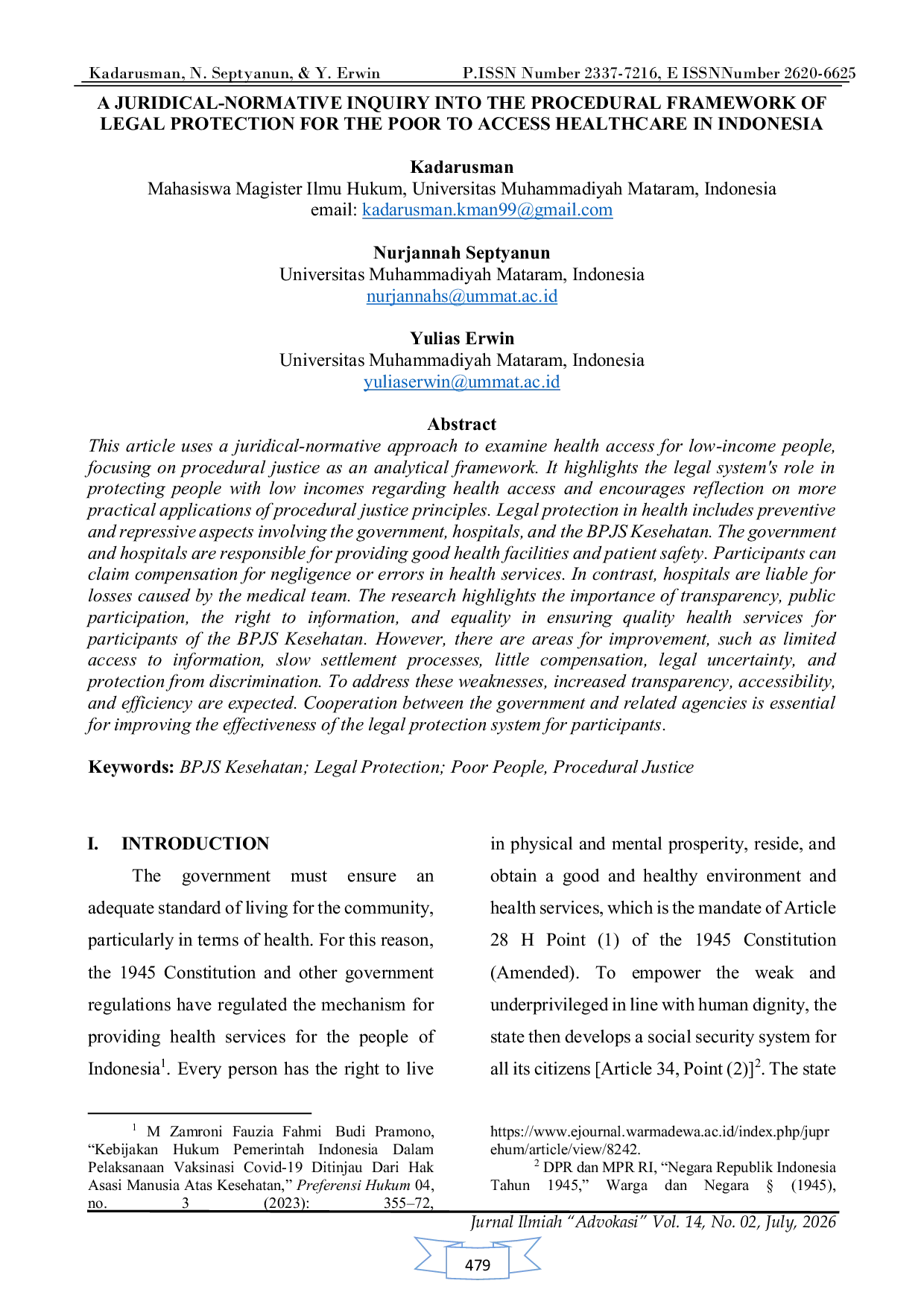 JURIS A Juridical Normative Inquiry Into The Procedural Framework Of Legal Protection For The Poor To Access Healthcare In Indonesia