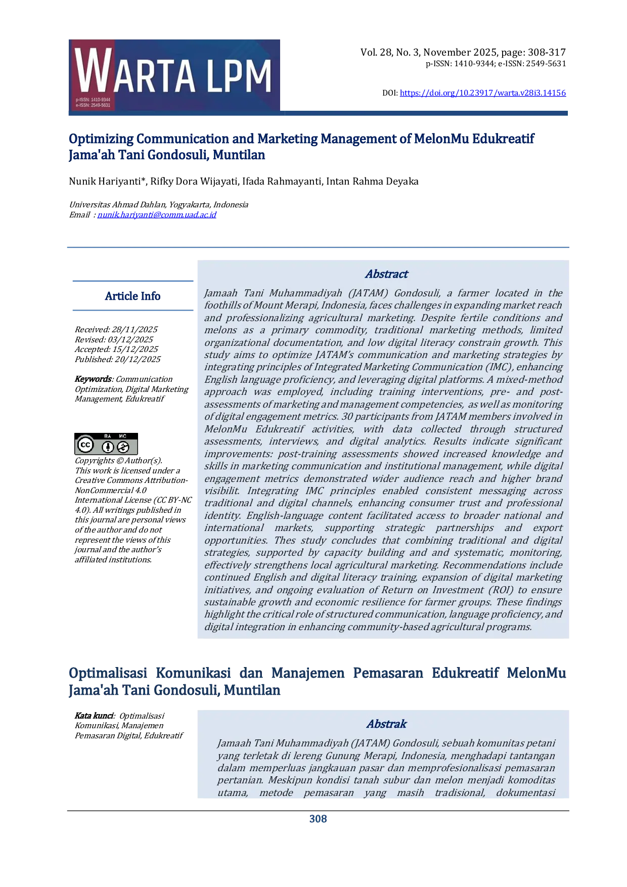 JURIS Optimizing Communication and Edukreatif Marketing Management of MelonMu Jama ah Tani Gondosuli Muntilan