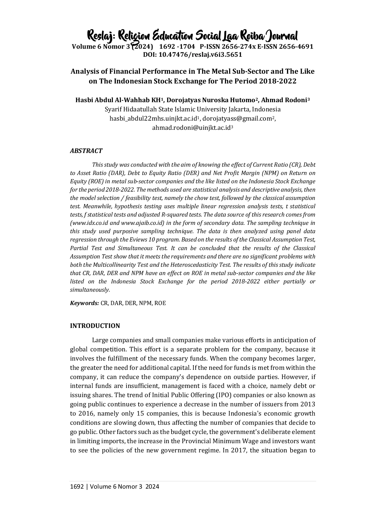 JURIS Analysis Of Financial Performance In The Metal Sub Sector And The Like On The Indonesian Stock Exchange For The Period 2018 2022