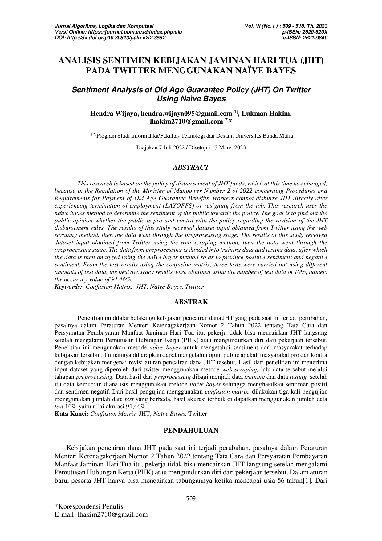 JURIS Analisis Sentimen Kebijakan Jaminan Hari Tua JHT Pada Twitter Menggunakan Na ve Bayes