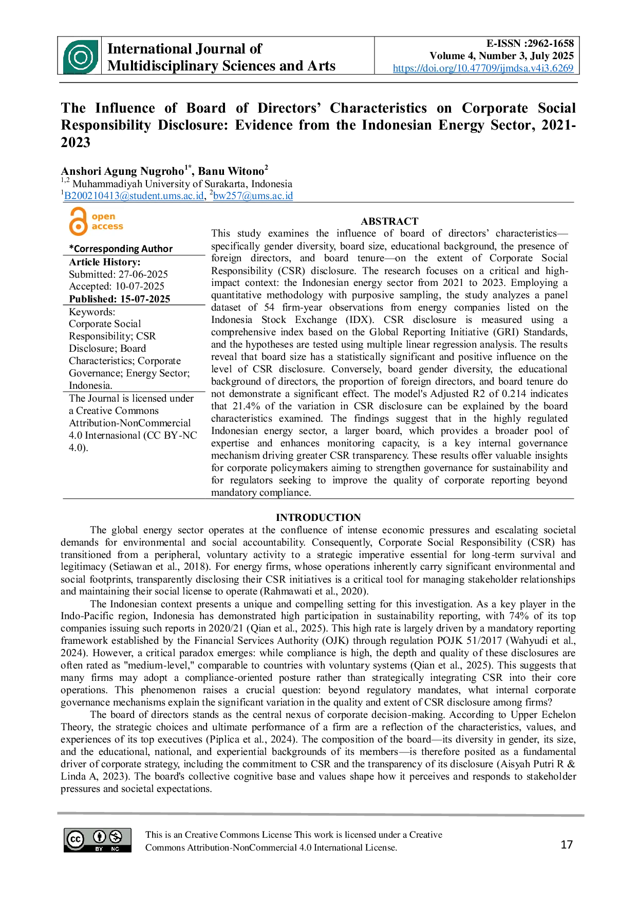 JURIS The Influence of Board of Directors Characteristics on Corporate Social Responsibility Disclosure Evidence from the Indonesian Energy Sector 2021 2023