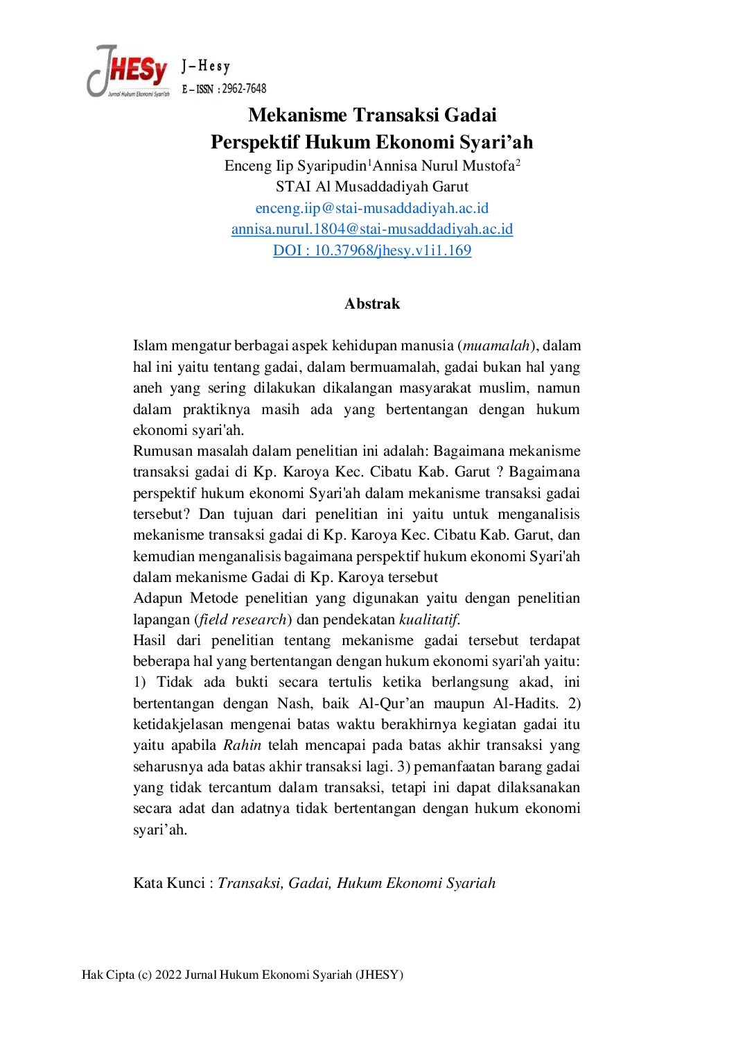 JURIS Mekanisme Transaksi Gadai Perspektif Hukum Ekonomi Syari ah