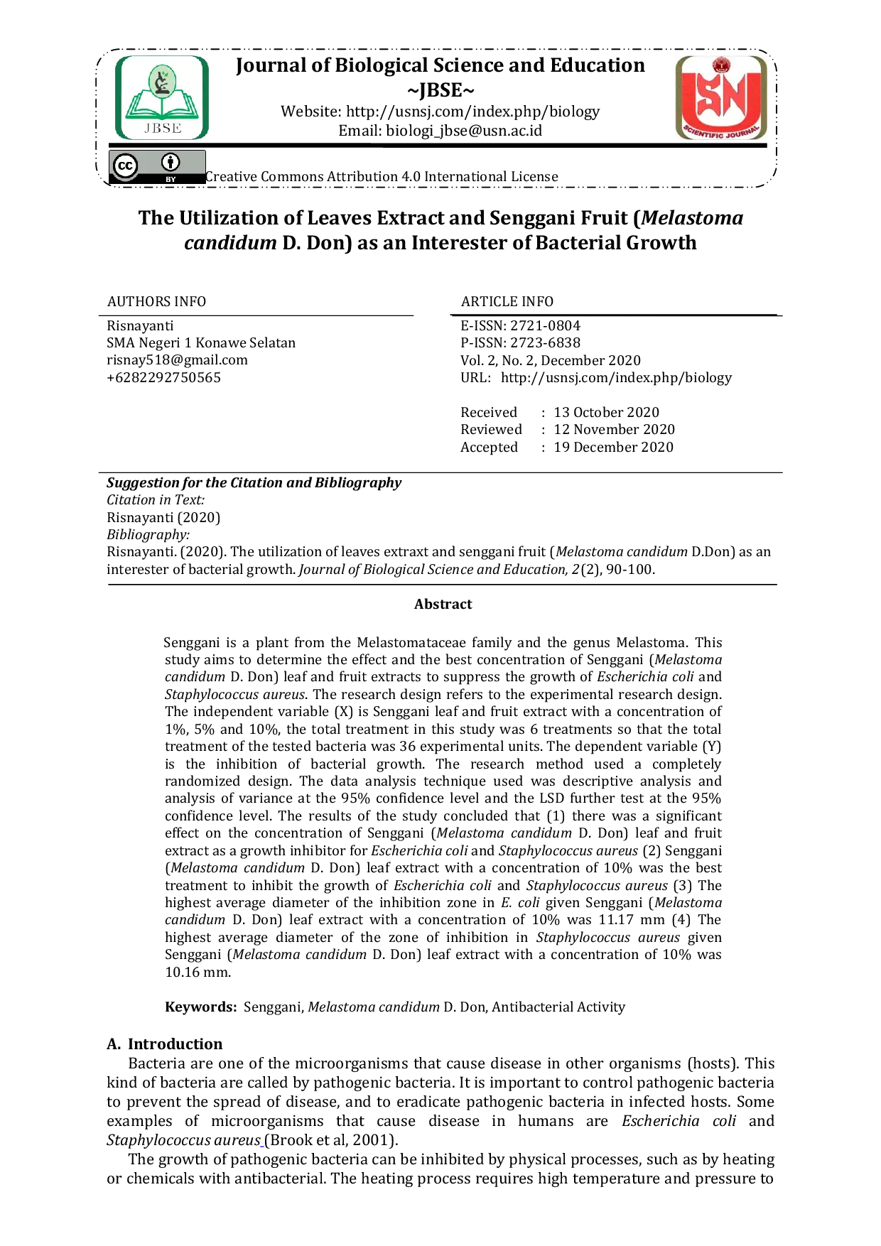 JURIS The Utilization of Leaves Extract and Senggani Fruit Melastoma candidum D Don as an Interester of Bacterial Growth