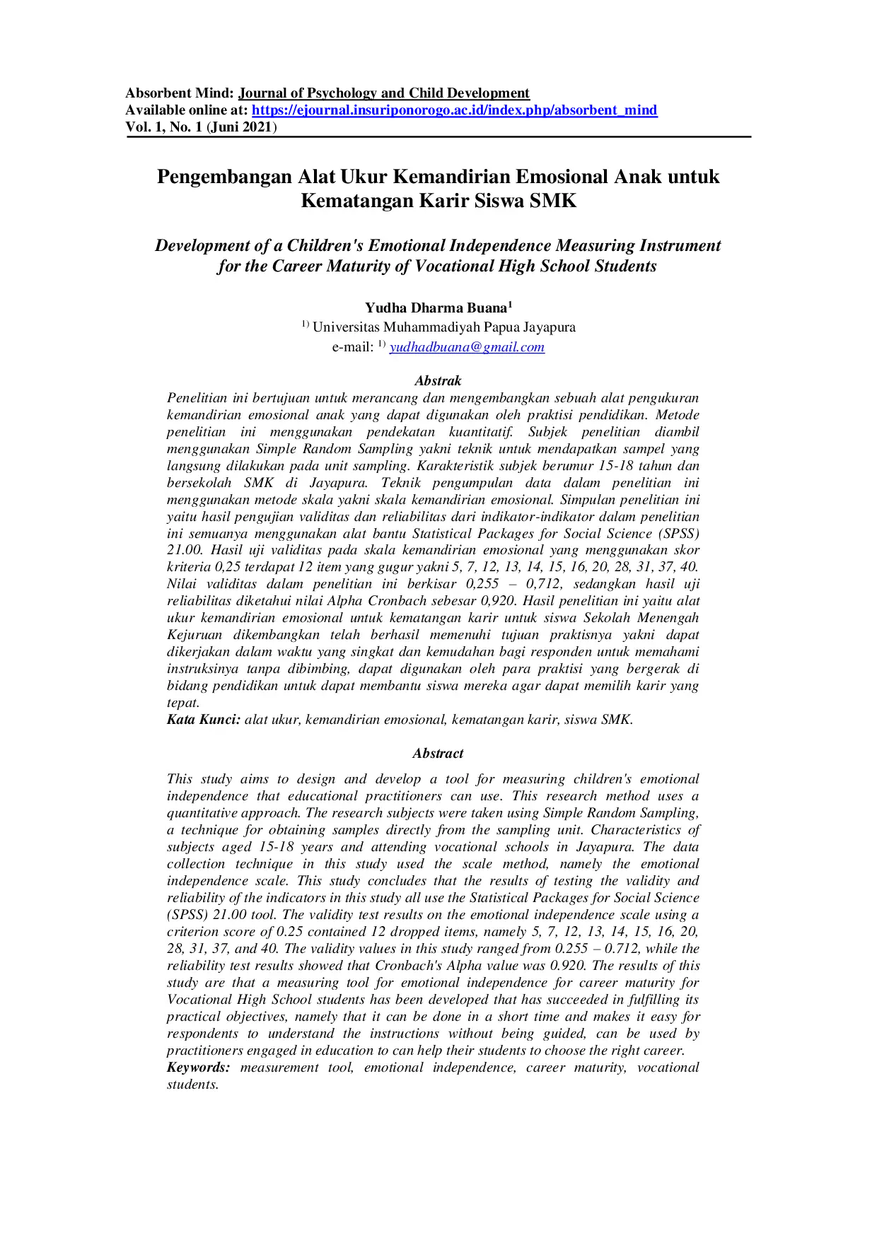 JURIS Pengembangan Alat Ukur Kemandirian Emosional Anak untuk Kematangan Karir Siswa Smk