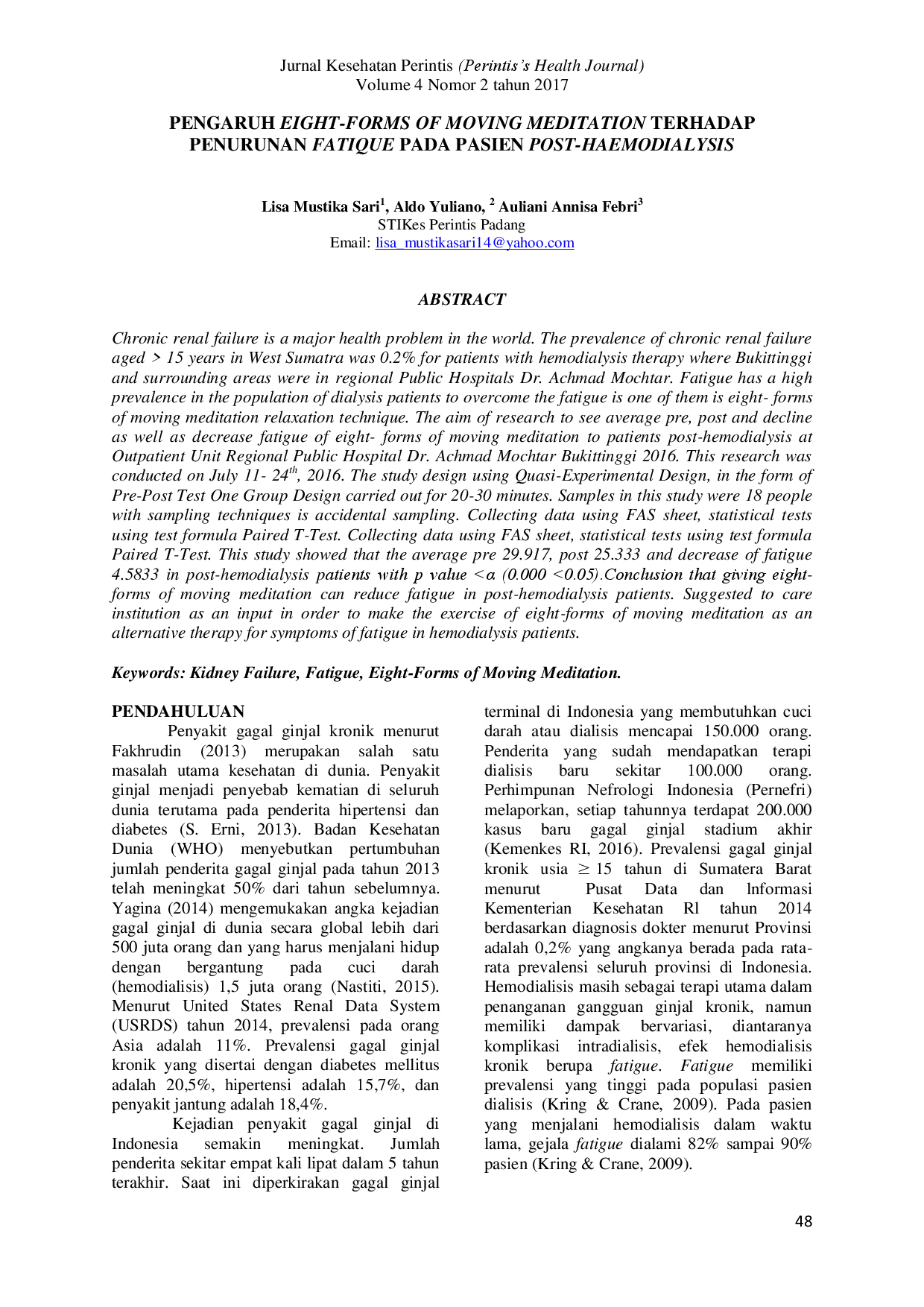 juris Pengaruh Eight Forms Of Moving Meditation Terhadap Penurunan Fatigue Pada Pasien Post Haemodialysis