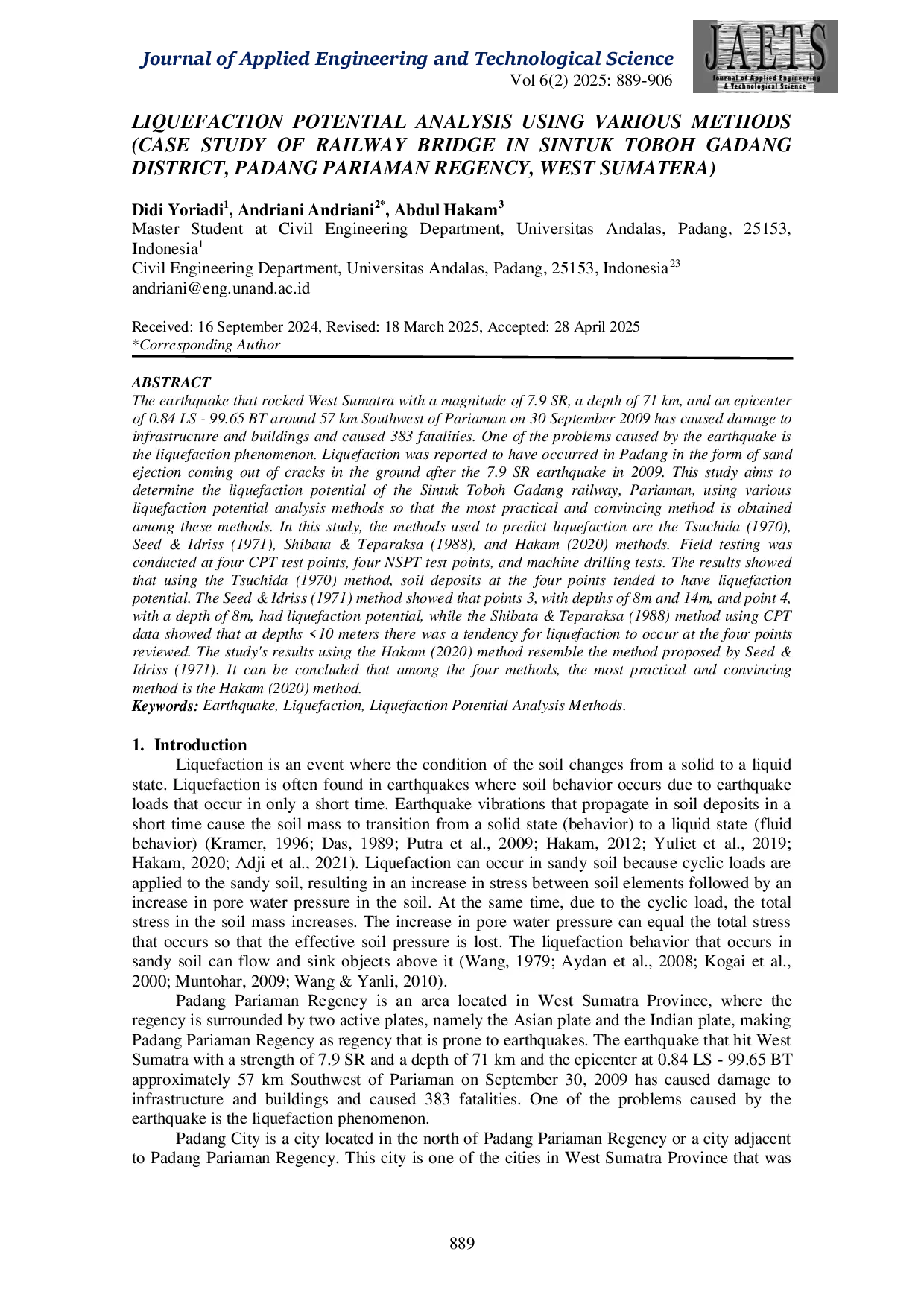 JURIS Liquefaction Potential Analysis Using Various Methods Case Study of Railway Bridge in Sintuk Toboh Gadang District Padang Pariaman Regency West Sumatera