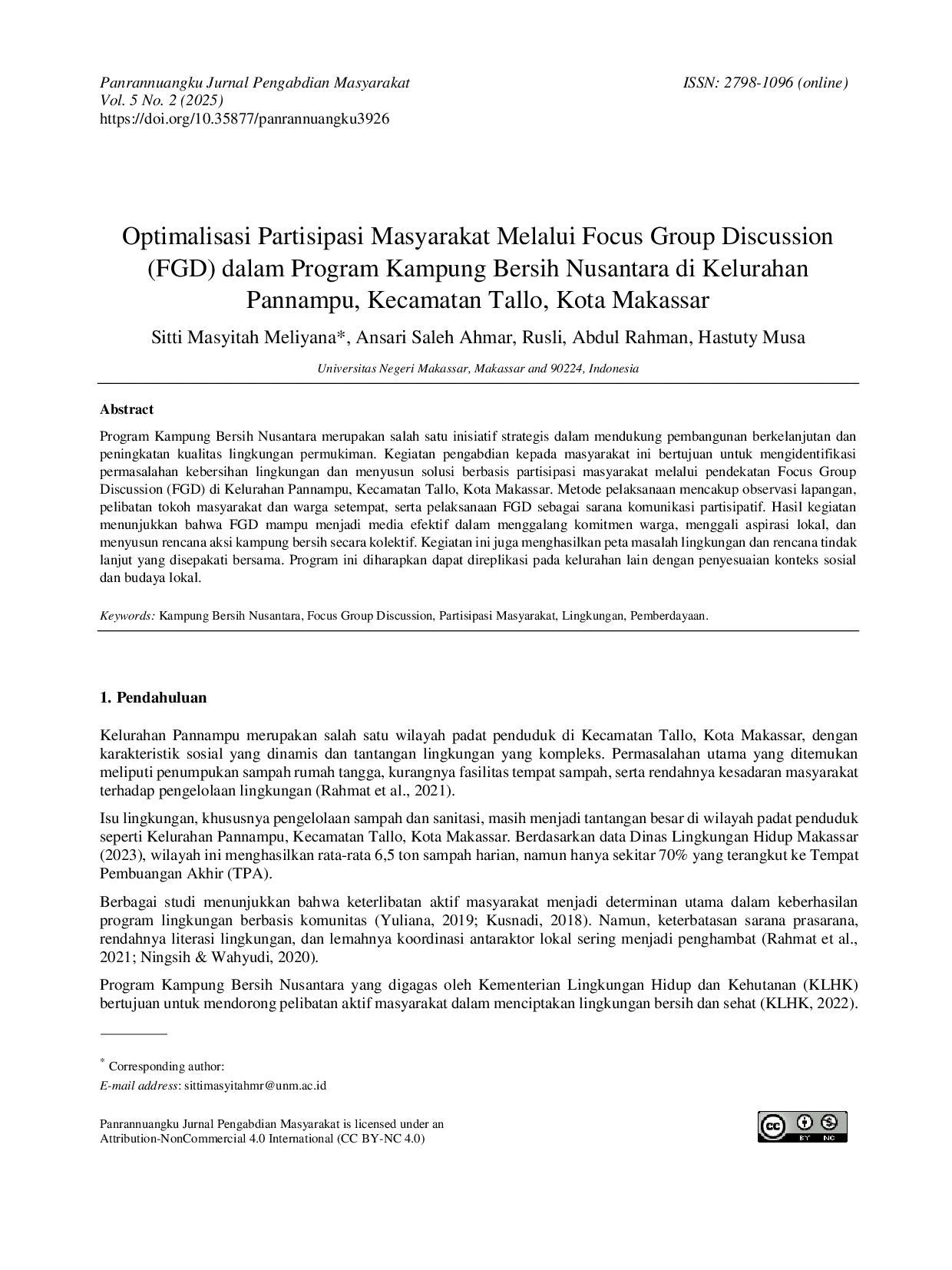 JURIS Optimalisasi Partisipasi Masyarakat Melalui Focus Group Discussion FGD dalam Program Kampung Bersih Nusantara di Kelurahan Pannampu Kecamatan Tallo Kota Makassar