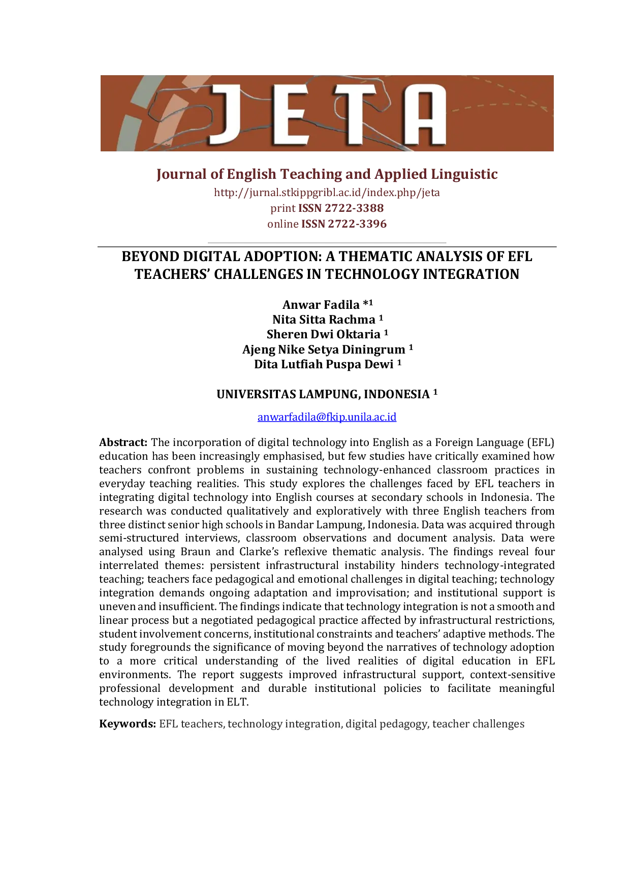 JURIS Beyond Digital Adoption A Thematic Analysis of EFL Teachers Challenges in Technology Integration
