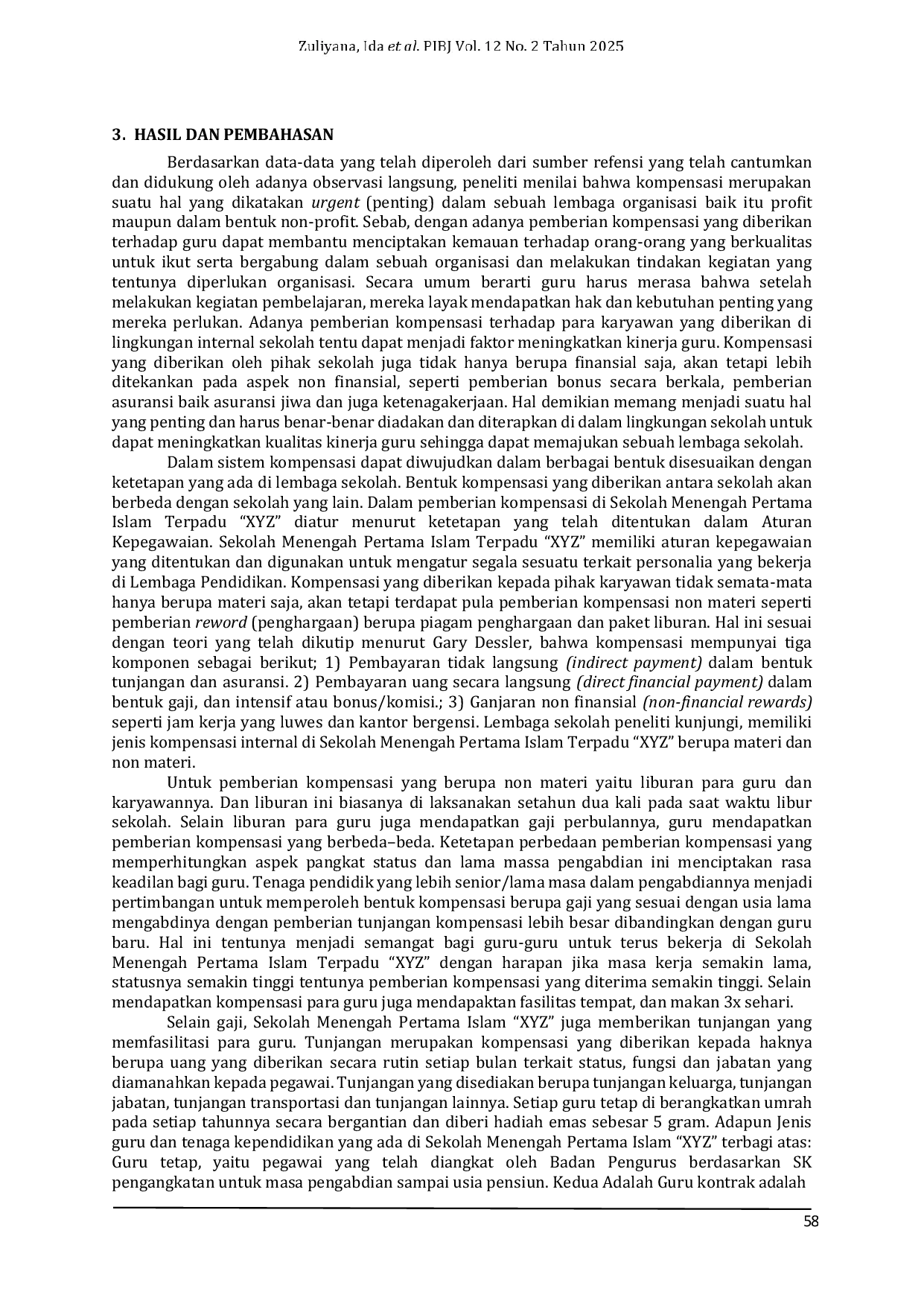 JURIS Analisis Kompensasi untuk Meningkatkan Kinerja Guru SMP Islam XYZ di Era Digital