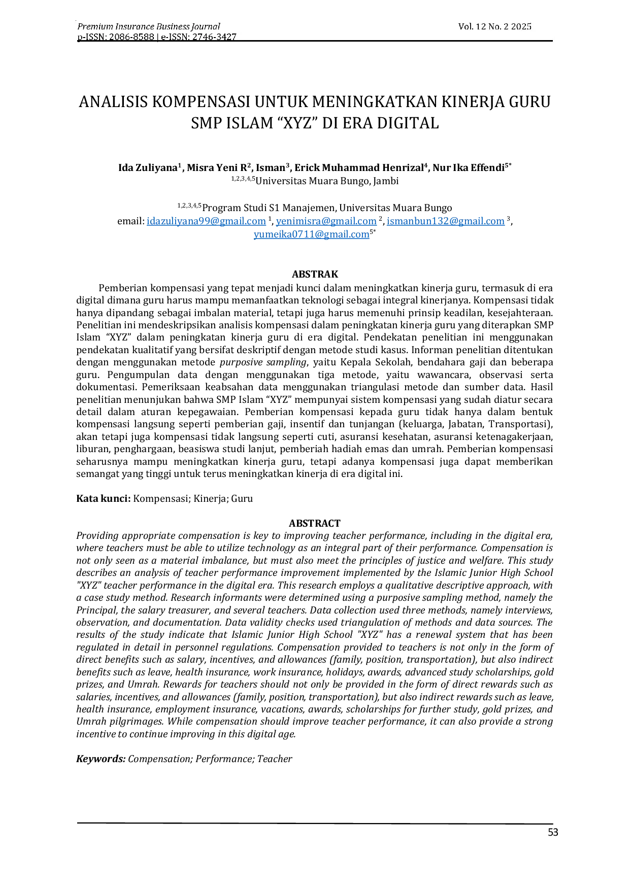 JURIS Analisis Kompensasi untuk Meningkatkan Kinerja Guru SMP Islam XYZ di Era Digital