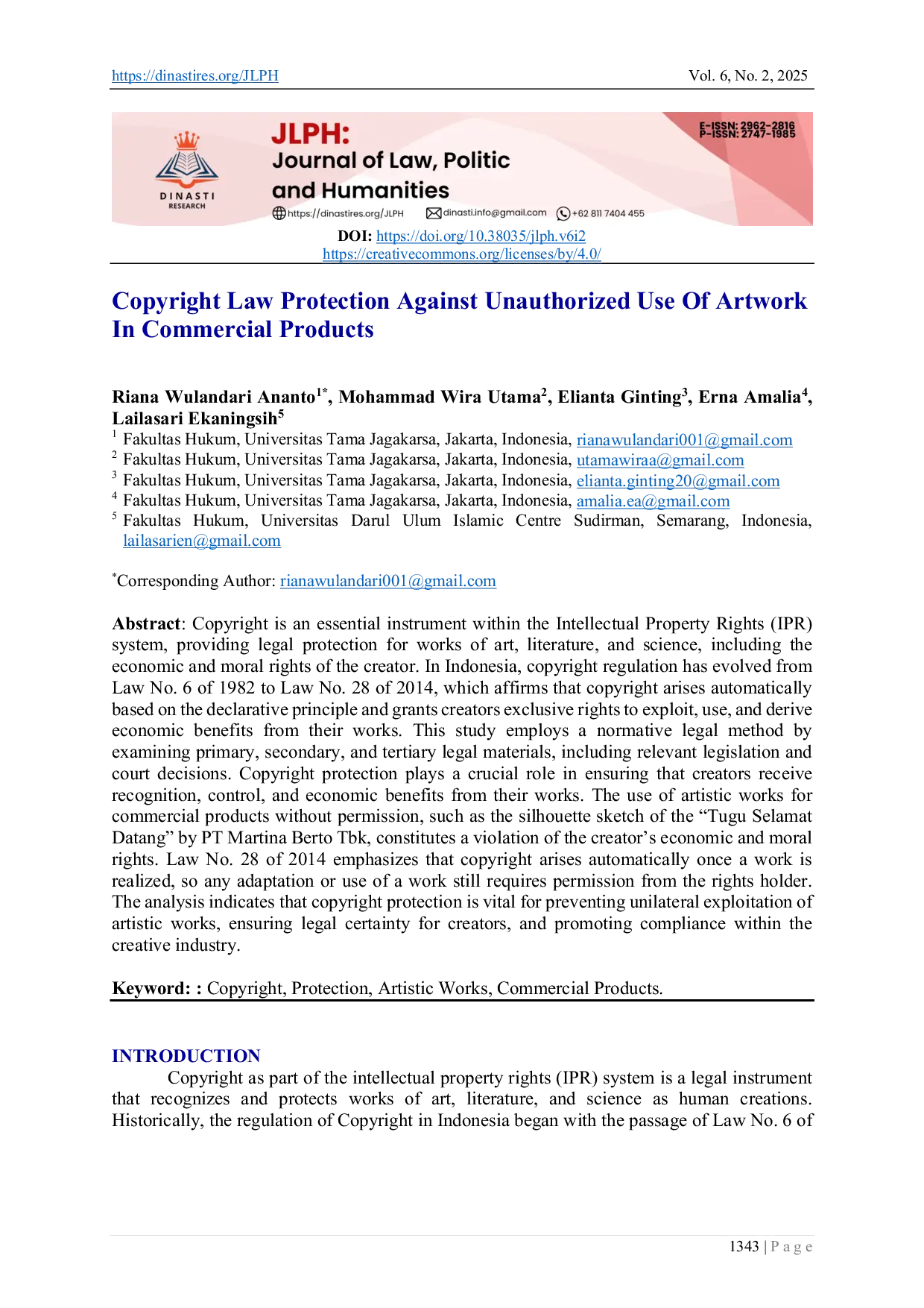JURIS Copyright Law Protection Against Unauthorized Use of Artwork In Commercial Products