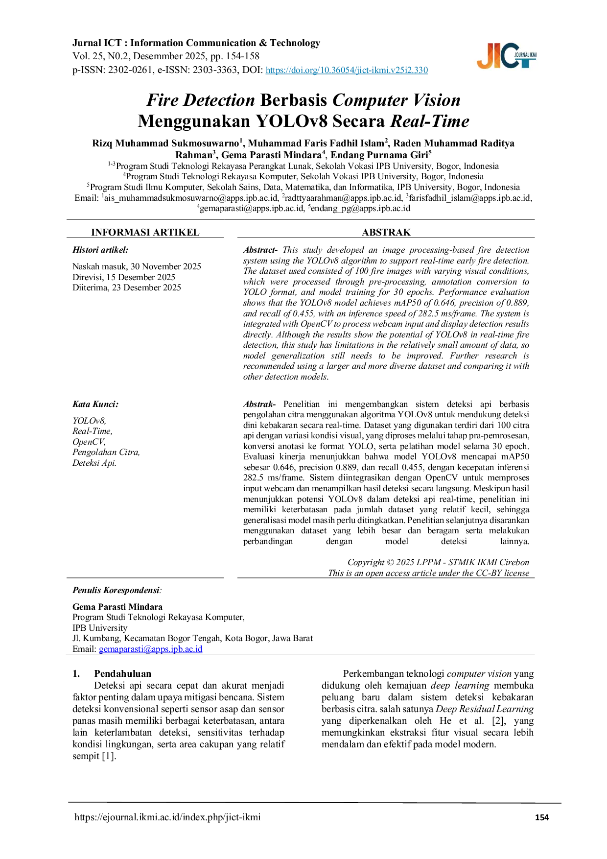 JURIS Fire Detection Berbasis Computer Vision Menggunakan YOLOv8 Secara Real Time