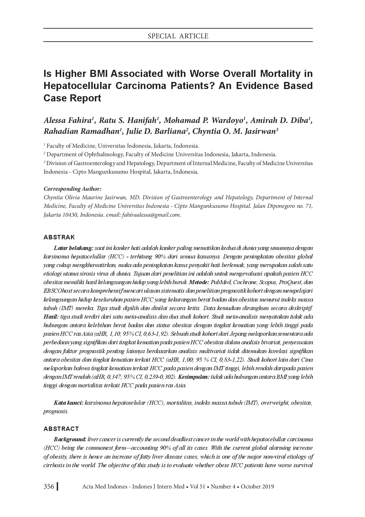 juris Is Higher BMI Associated with Worse Overall Mortality in Hepatocellular Carcinoma Patients An Evidence Based Case Report