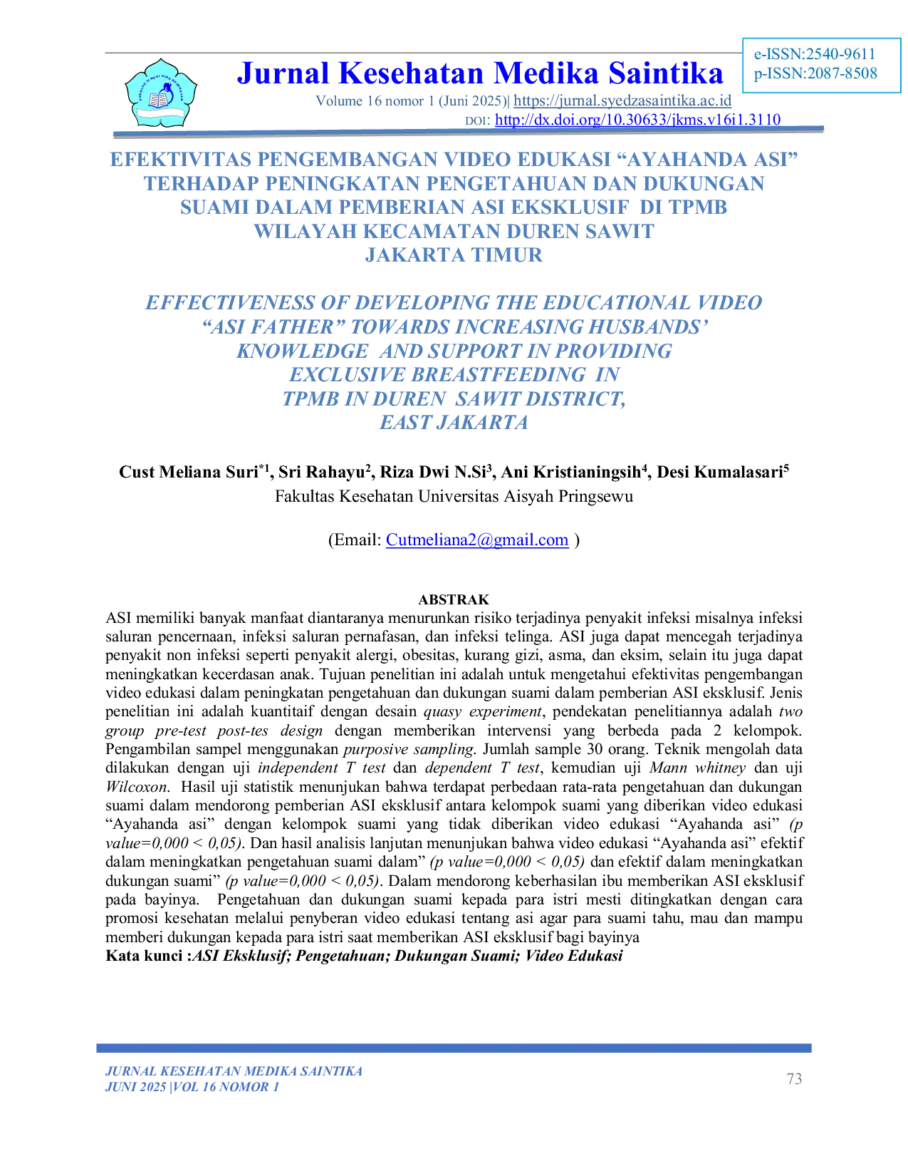 JURIS Efektivitas Pengembangan Video Edukasi Ayahanda Asi Terhadap Peningkatan Pengetahuan Dan Dukungan Suami Dalam Pemberian Asi Eksklusif di TPMB Wilayah Kecamatan Duren Sawit