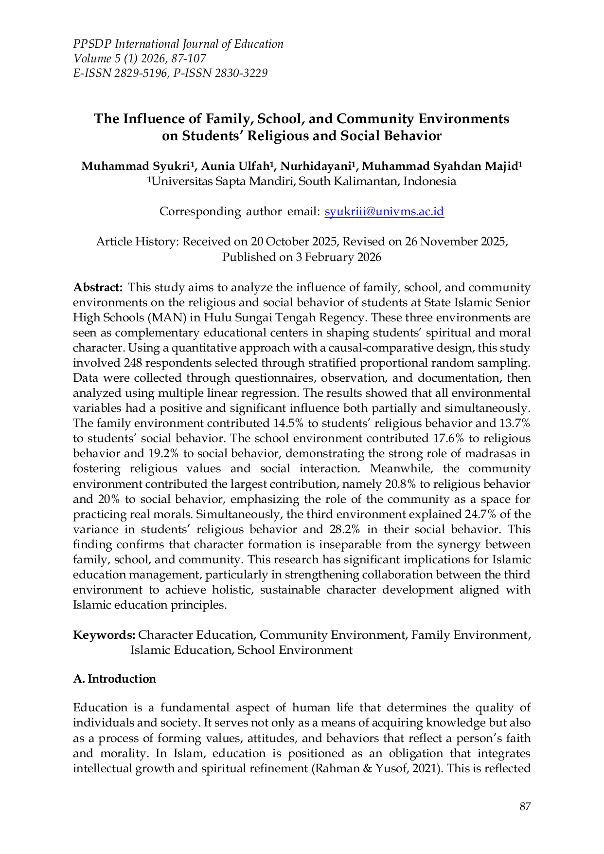JURIS The Influence of Family School and Community Environments on Students Religious and Social Behavior